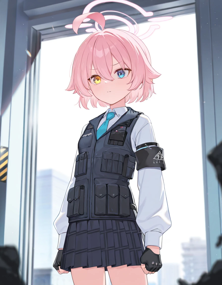 masterpiece, best quality, amazing quality, very aesthetic, high resolution, ultra-detailed, absurdres, newest, scenery, {Prompt}, BREAK, depth of field, masterpiece, best quality, amazing quality, very aesthetic, high resolution, ultra-detailed, absurdres, newest, scenery, volumetric lighting, takanashi_hoshino/(BA/),pink halo,1girl,pink_hair,short_hair,hair_between_eyes,halo,blue_eyes,yellow_eyes,heterochromia,armband,fingerless_gloves,long_sleeves,necktie,shirt,bulletproof_vest,skirt,small_breasts