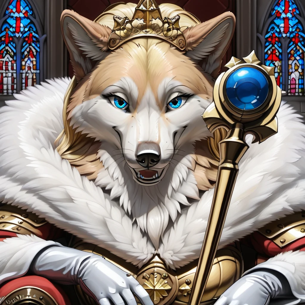 female wolf, artic wolf, voluptuous figure, tufted fur, tufted ears, cheast tuft, fluffy canine tail, detailed fur, detailed body, detailed face, open smile, long blonde hair, canine teeth, medieval cathedral, sitting on throne, white fur, blue eyes, golden tiara, golden knight armor, holding golden sapphire scepter, golden belt, white fur cape, white gloves, feminie sitting, whiskers, small breasts, solo, close-up, seductive look, church window, detailed background, feminine golden eyebrowns,