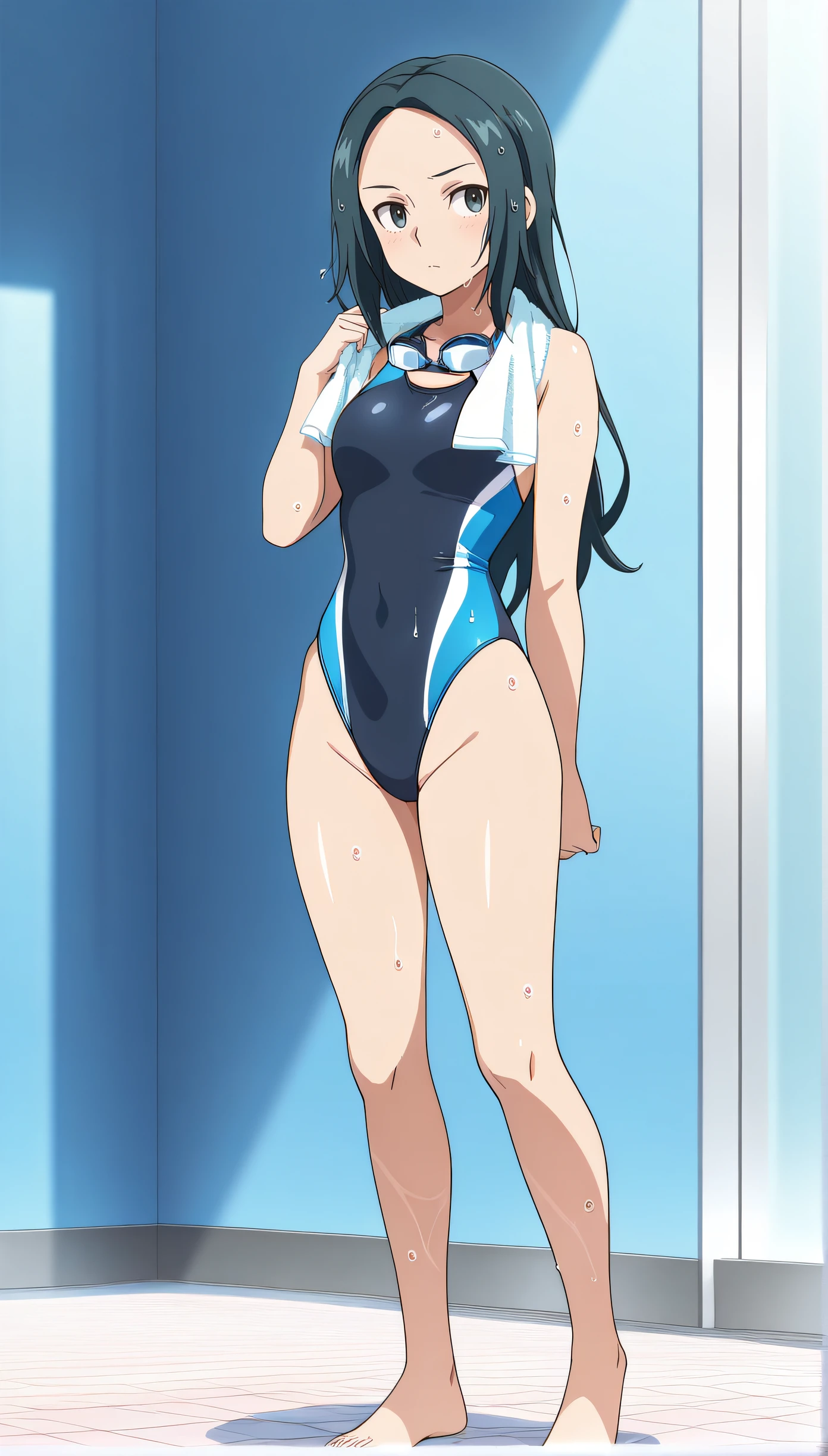 <lora:ulvida(inazuma_eleven):0.8>,(ultra-best quality,extremely beautiful CG,highres,exquisite,super fine illustration,),detailed eyes,highlight,detailed background,solo,(looking at viewer:1.2),
ulvida(inazuma_eleven),dark-blue eyes,blue hair,white hair,multicolored hair,big breasts,dark skin,
pool,competition swimsuit,full body,standing,(front view),
official art,anime_coloring, ,(anime_screenshot),<hypernet:vaeextremecolors_v10:1.0><hypernet:vaeextremecolors_v10:1.0>