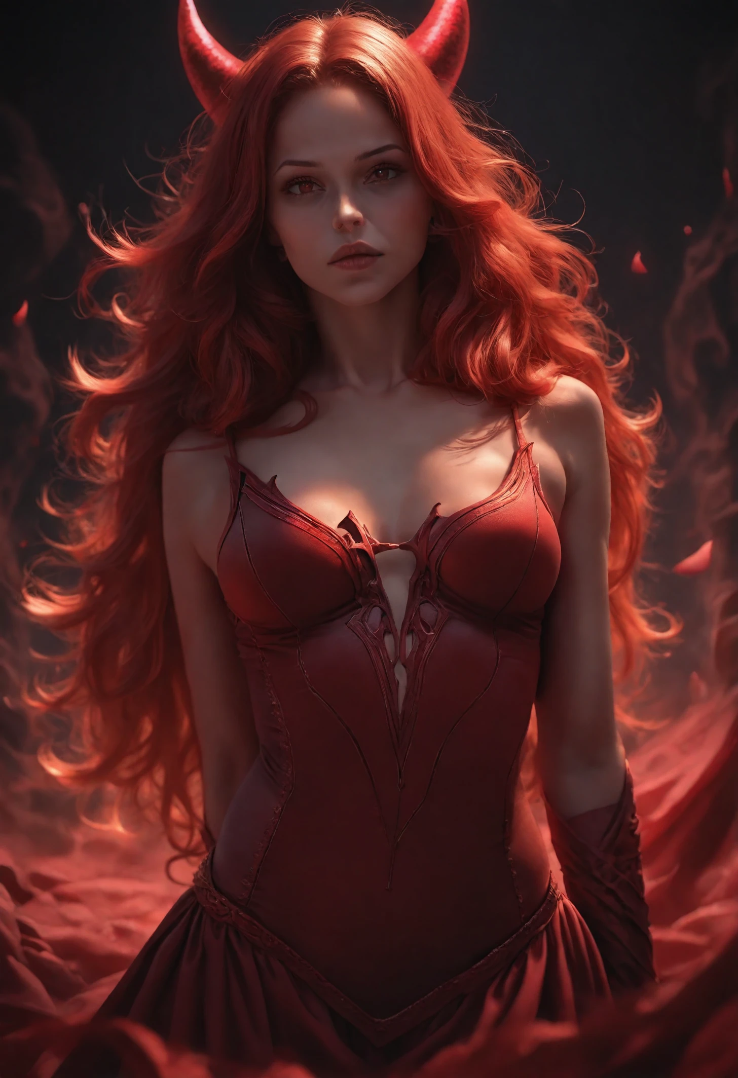 beautiful woman,long red satin dress,translucent,vey long,red,beautiful detailed eyes,beautiful detailed lips,extremely detailed eyes and face,longeyelashes,bondage,sexual,erotic,provocative,submissive,alluring,dominant,dark background,studio lighting,hair flowing,curves,body language,sensual,feminine,endless legs,seductive,confident,empowered,subtle lighting,colorful,boudoir photography,high contrast,vibrant colors,soft focus,tape bondage