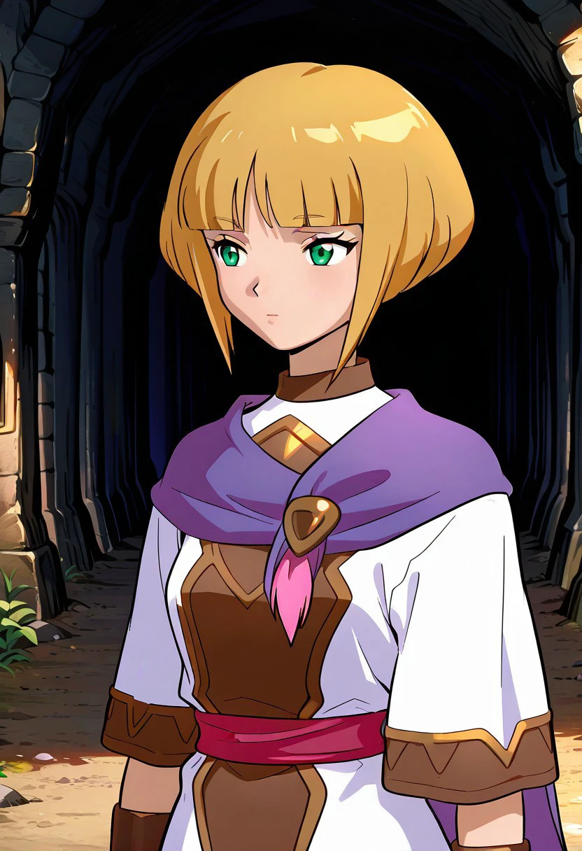 official art, masterpiece, best quality, absurdres, very aesthetic, anime screenshot, 90s, grain, film look, 1girl, female focus, solo, Sheba_GS, blonde hair, bob cut, blunt bangs, side locks, short hair with long locks, green eyes, cape, brooch, tunic, short sleeves, sash, bracer, upper body, underground, temple, stream