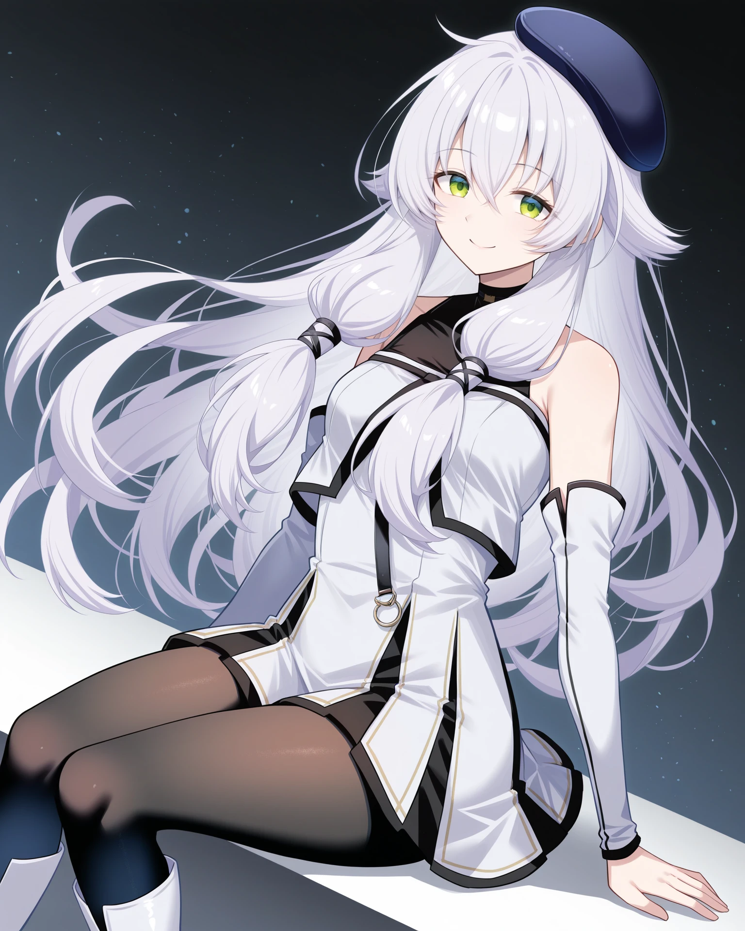 masterpiece, best quality, amazing quality, very aesthetic, absurdres, (by e.o.:0.7), (by chiharu \(9654784\):0.4), (by racoon-kun.:0.4),
1girl, solo,
<lora:AltinaKai_Illustrious:1>, Altina Orion, white hair, long hair, tress ribbon, sidelocks, green eyes, small breasts, beret, white dress, detached sleeves, black pantyhose, white boots,,
simple background, black background, particles, sitting
looking at viewer, smile,