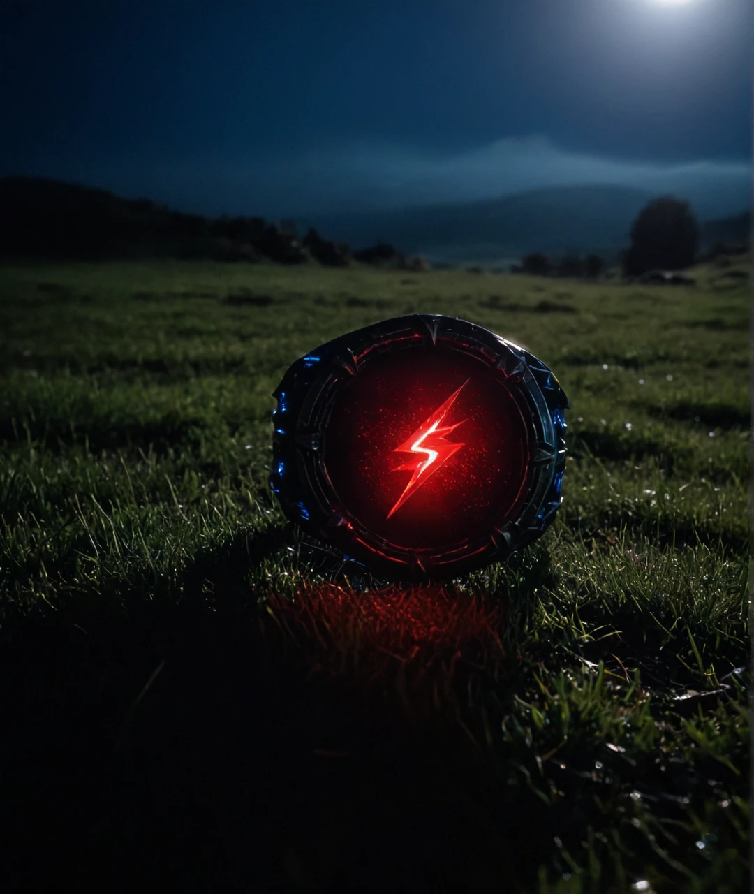 Close up shot of Savitar's ring placed on grassland, night time, foggy atmosphere, Ring has a red lightning symbol which is emitting red lightning aura around the ring <lora:Godspeed_XL:1>