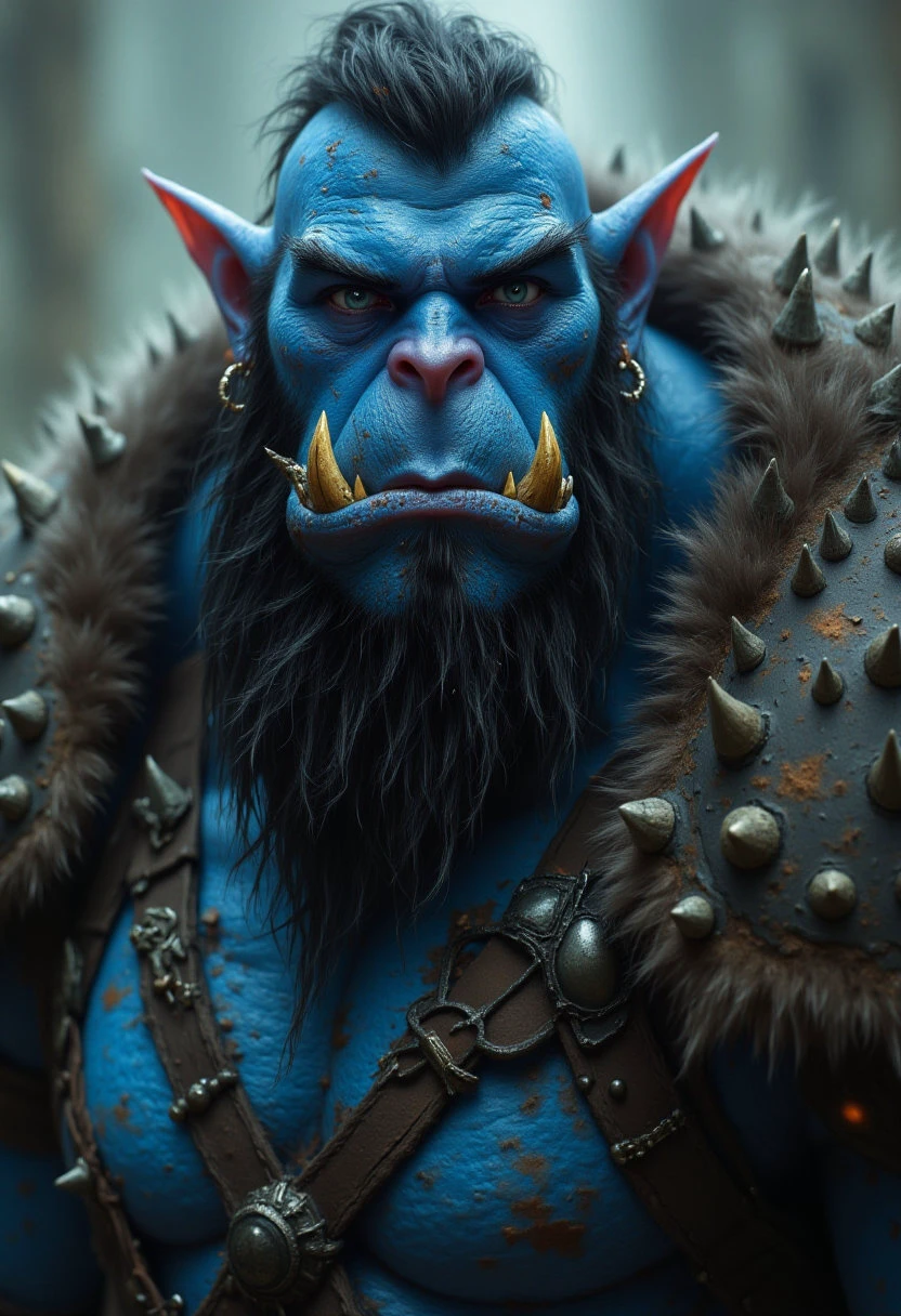 A muscular, bearded orc with blue skin and pointy ears is looking directly at the viewer. He has black hair, adorned with earrings and a nose piercing. His face features fangs, horns, and a tattoo, with piercing blue eyes. He wears gloves, armor, and has spikes running along his arms. His tusks are prominent, adding to his intimidating appearance.