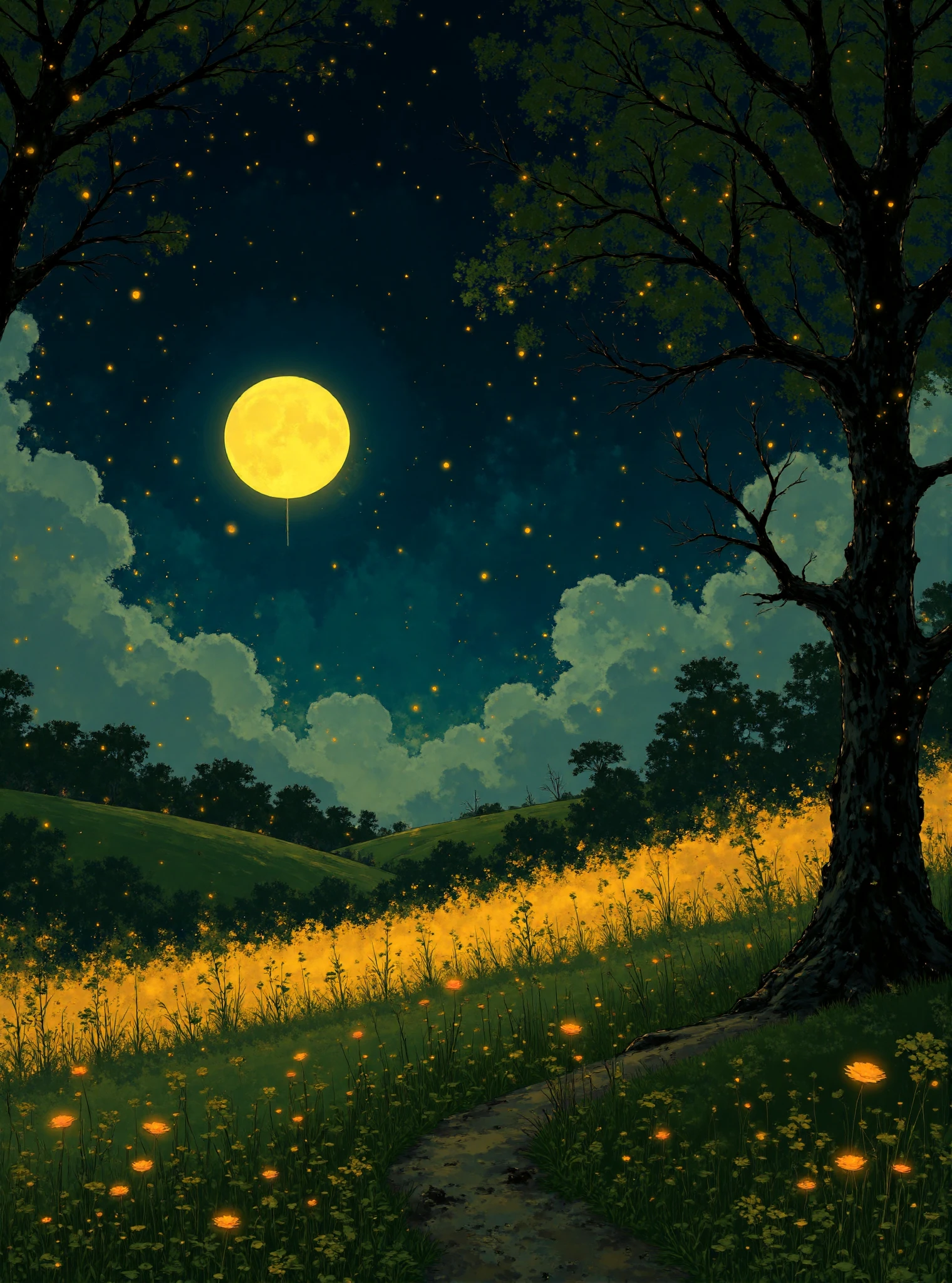 A breathtaking and serene nighttime landscape showcasing a golden moon hanging low in a deep navy sky, surrounded by a sprinkle of faint stars. The scene features rolling hills covered in vibrant yellow wildflowers, stretching into the distance under the soft moonlight. A narrow, meandering dirt path winds through the field, leading the eye toward the horizon.
In the foreground, a tall, solitary tree stands to the right, its branches reaching upward and adding depth and balance to the composition. The shadows cast by the tree and the flowers create a dynamic contrast against the illuminated field. The lighting is gentle, with the golden glow of the moon enhancing the vibrant yellows and greens of the landscape.
The overall atmosphere of the artwork is peaceful and magical, blending natural beauty with an ethereal quality. The style captures both realism and dreamlike elements, evoking feelings of wonder and tranquility.
<lora:ì묵í_No2:1>