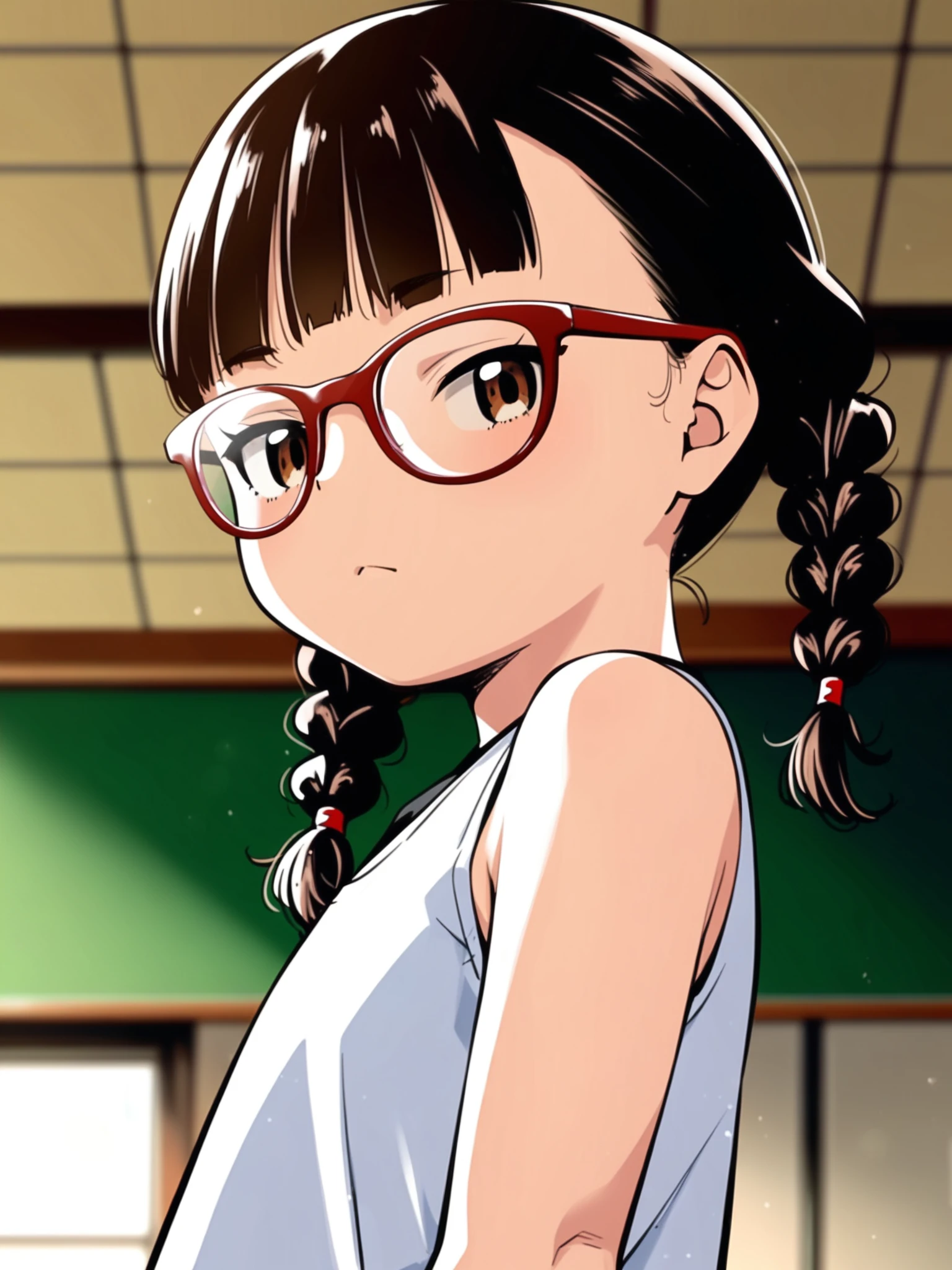 <lora:happy_tentacle-mitorinka-v0.2:0.9>, ht_mitorinka, glasses, flat chest, brown hair, brown eyes , furrowed brows, indoors, park cowboy shot, 1girl, (petite:1.2), solo focus, (looking at viewer:1.1), sidelighting, (depth of field:0.8), (from below:0.8), score_9, score_8_up, score_7_up, score_6_up, score_5_up, score_4_up
