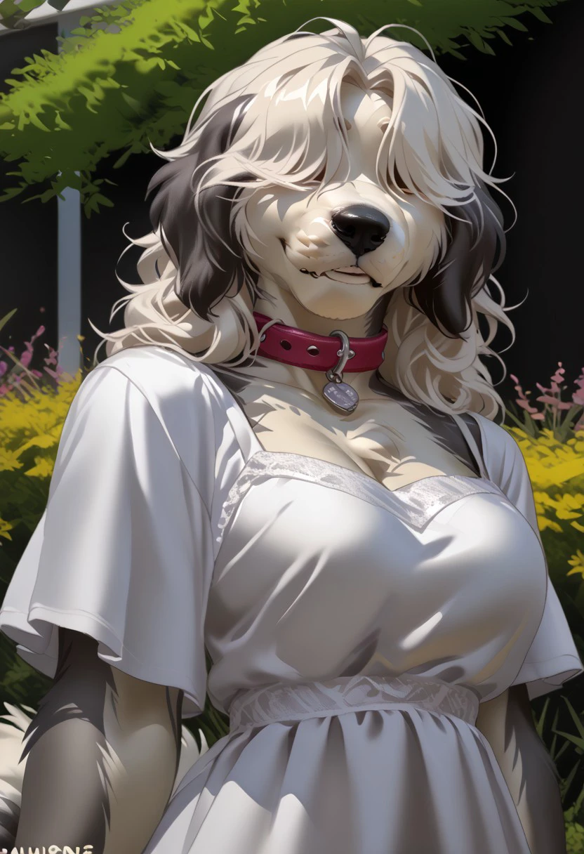 score_9, score_8_up, score_7_up, (by jailbird:1.5), (by kittydee:1.5), (by zummeng:1.5), masterpiece, best quality, (Furry Art : Anthro : Old English Sheepdog :1.5), expressive eyes, feminine eyes, <lora:beautiful_detailed_eyes:1>, perfect face, feminine face, feminine body, long fluffy fur, two-toned fur, white fur, grey fur, grey droopy dog ears, (white hair:1), shoulder length hair, (shaggy hair), (hair bangs over eyes:1.5), large breasts, red dog collar, (casual wear dress:1.5),