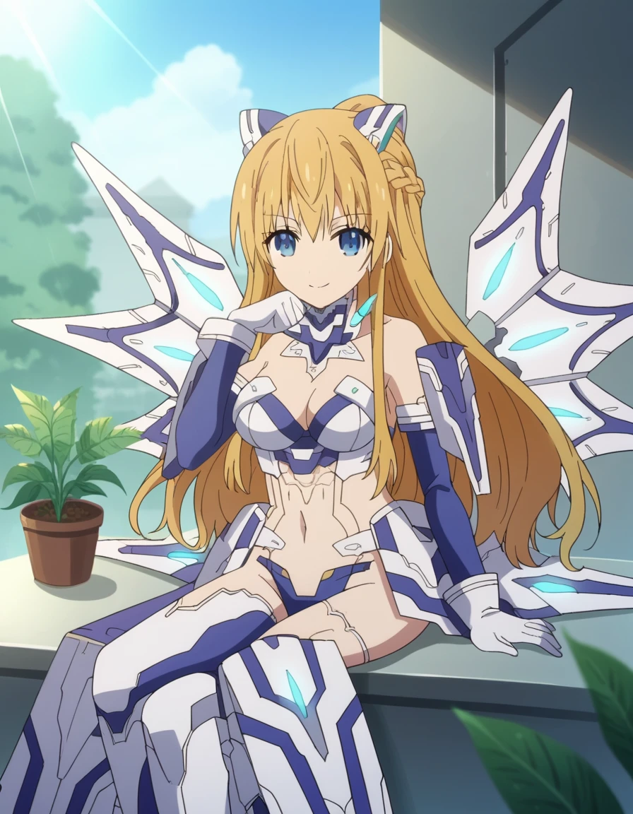 score_9, score_8_up, score_7_up, source_anime, <lora:artemisia-bell-ashcroft-s4s5-v2-ponyxl-lora-nochekaiser:1>, artemisia bell ashcroft, long hair, blue eyes, blonde hair, medium breasts, mature female, anime screencap, half updo, braid, gloves, navel, cleavage, mecha musume, wings, conservatory, plants, glass roof, sunlight, greenery, smile, sitting, head rest, table,, looking at viewer, solo,, cowboy shot, solo