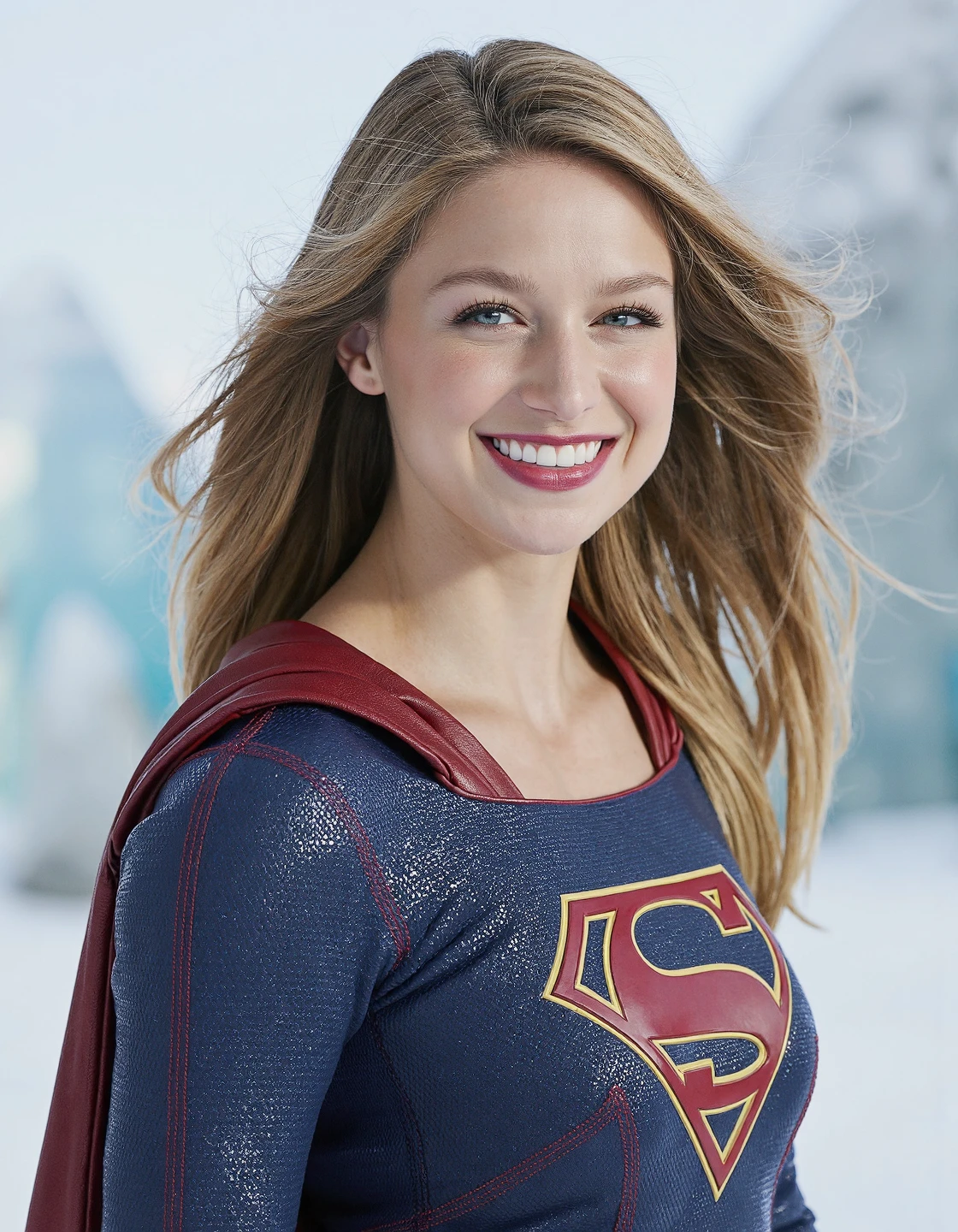 Breathtaking medium shot photography of ohwx, as Supergirl, wearing Supergirl bue and red outfit, cinematic, floating hair, in the artic in a snow land where there is a big crystal prism structure in background, , smile, (upper body framing:1.3), sensual lips, eyelashes, (entirely visible beautiful hairstyle:1.2), fine hair detail, perfect eyes, iris pattern, eyes makeup, (perfectly sharp:1.3), (head to shoulders composition:1.4), realistic textures, (deep focus:1.1), negative space around subject, 8k uhd, dslr, ultra high quality image, film grain, Fujifilm XT3