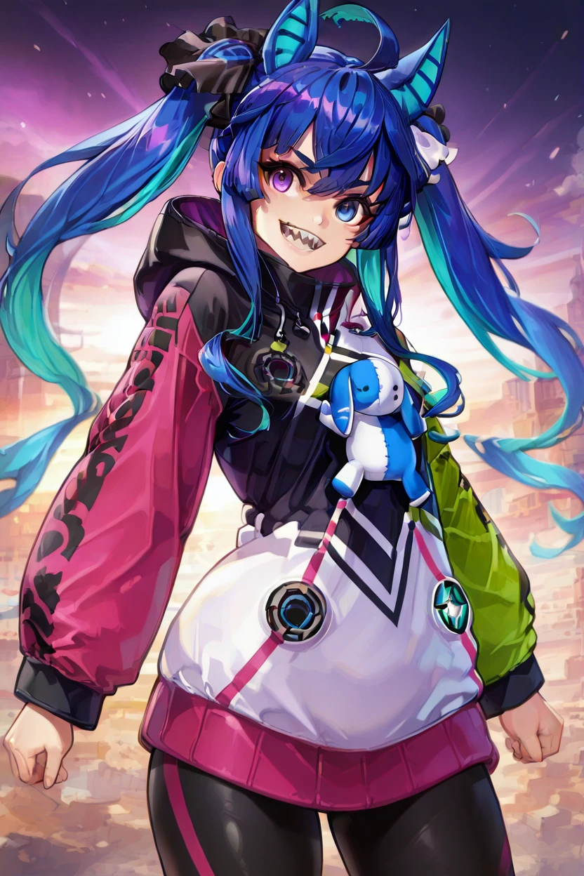 masterpiece, best quality, solo, curvy, beautiful eyes, zztwinturbo, blue hair, twintails, heterochromia, purple eyes, blue eyes, sharp teeth, multicolored hoodie, black leggings, <lora:TwinTurboUmaMusumeIXL:1.0>, dynamic pose, cowboy shot, smile, looking at viewer, shiny skin,