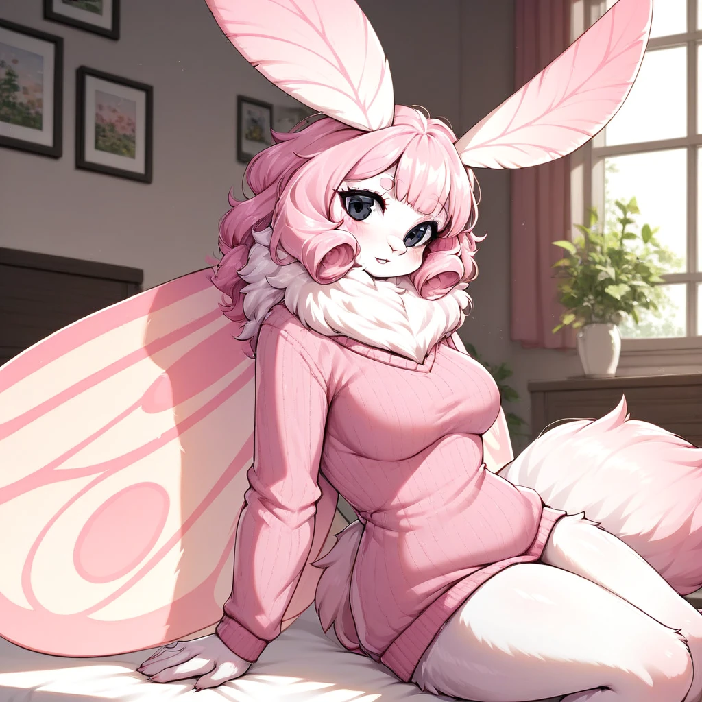 Anthro, moth, Sarah the moth(character), female, pink hair , neck fluff, black eyes, solo, Inside, pink sweater, sitting on the bed, bedroom, leaning back, side view, looking at viewer