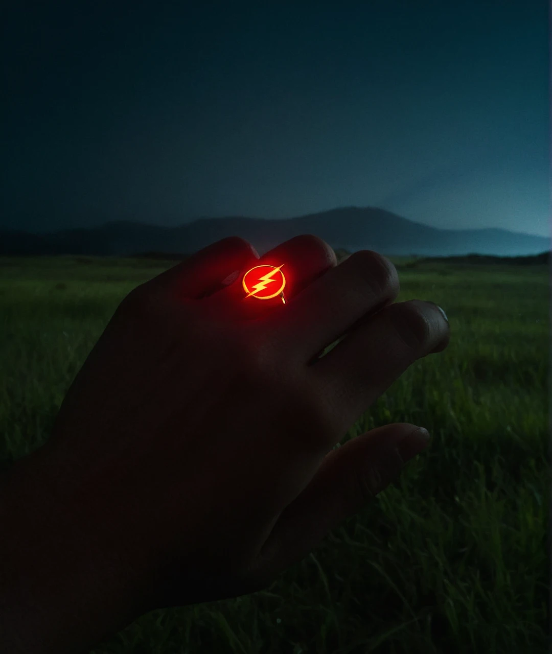 Close up shot of Reverse Flash's ring placed on grassland, night time, foggy atmosphere, Ring has a red lightning symbol which is emitting red lightning aura around the ring