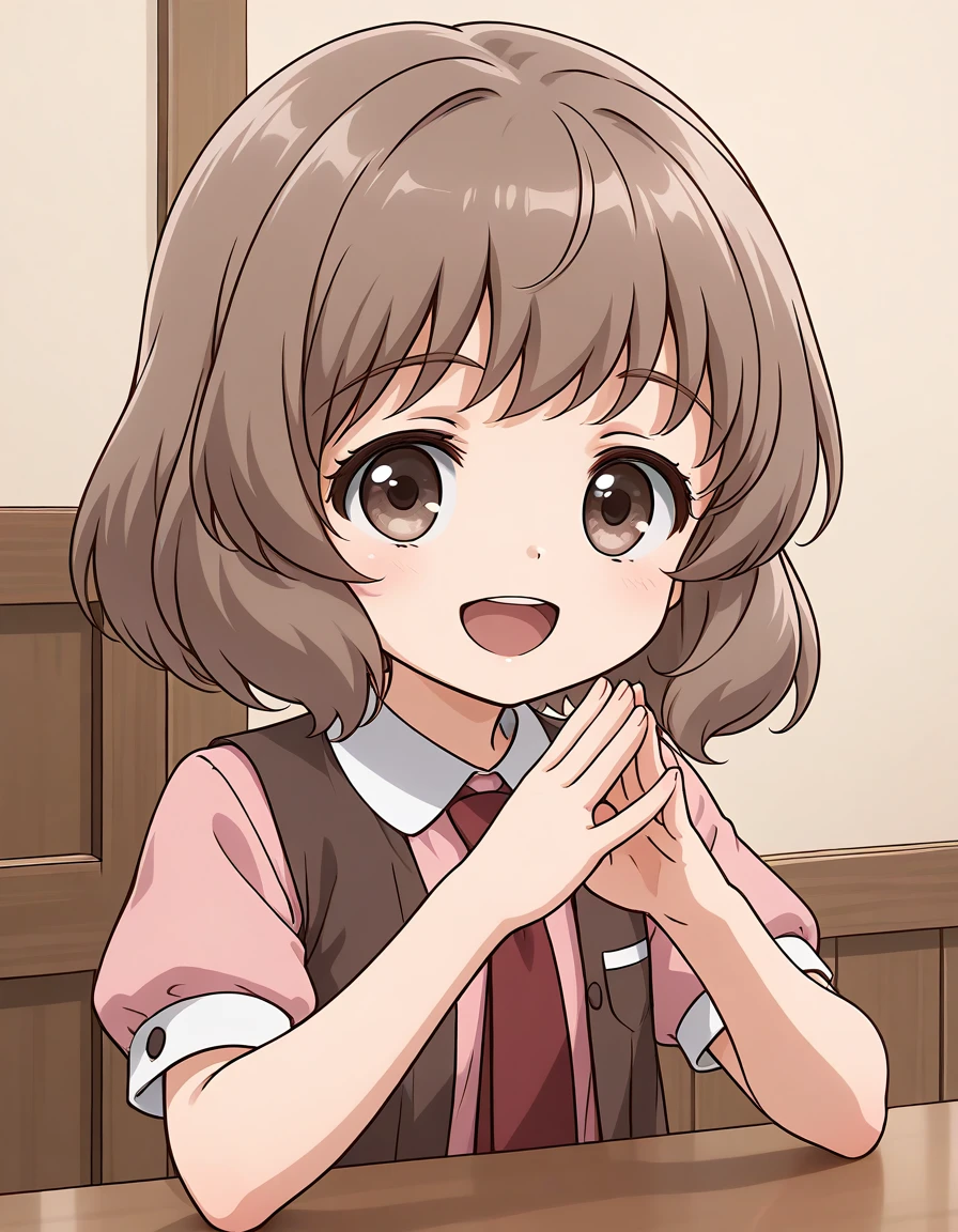 general,highres, ultra-detailed,very aesthetic,best quality ,best hands, BREAK <lora:Amatsuka_Sakura_IS:1>
AmatsukaSakura, 1girl,solo, brown hair, short hair, brown eyes, bangs,
2020s (style), anime coloring, smile, chibi, no hat,
1girl, solo, necktie, smile, open mouth,
looking at viewer, upper body, short sleeves, shirt, :d, pink shirt, vest,
collared shirt,
room,