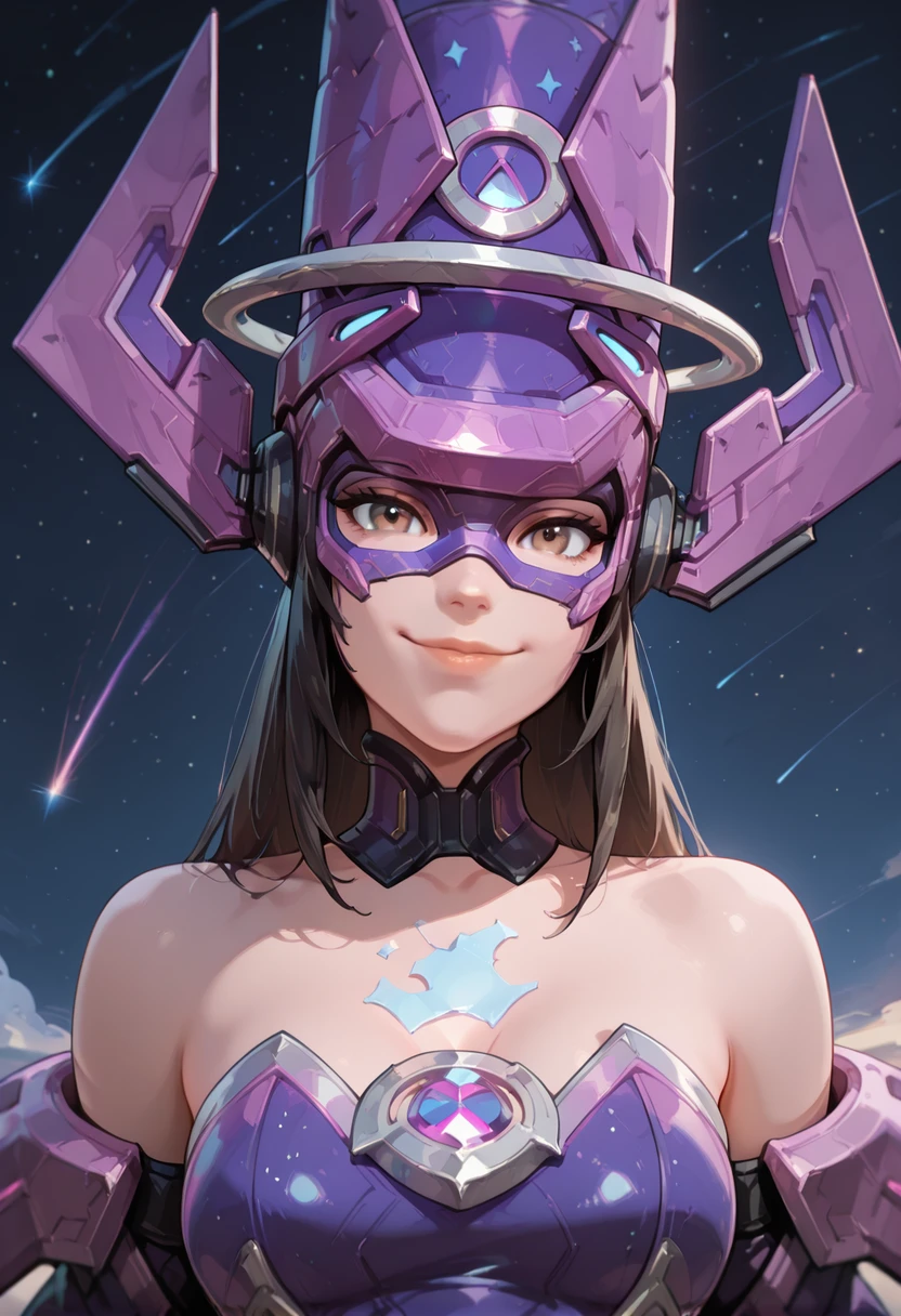 masterpiece, best quality,absurdres, ultra-detailed, high resolution,
galacta, 1girl, solo, looking at viewer, star (sky), sky, breasts, bare shoulders, brown eyes, starry sky, medium breasts, upper body, shooting star, armor, lips, mask, strapless, smile
