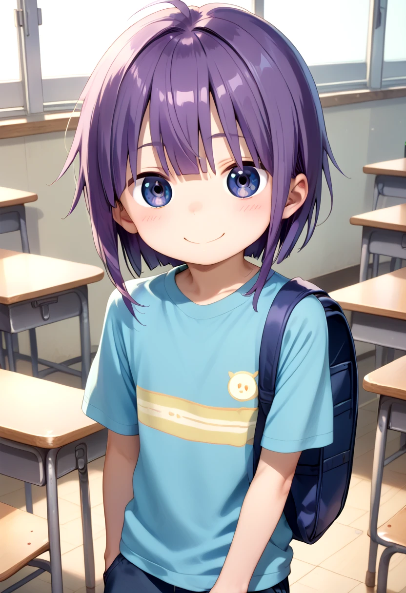 score_9, score_8_up, score_7_up, BREAK straight on shot, detailed eyes, solo,
<lora:Shouta_Magatsuchi:0.7> Shouta Magatsuchi, 1boy, happy, showing emotion, relaxed, classroom, shoulder long hair, male_focus, boy face, excited, bag pack, purple hair,
looking_at_viewer, blush, smile, teal shirt, male focus, male,
<lora:cutifiedanimecharacterdesign_style_pony_v20:0.7>