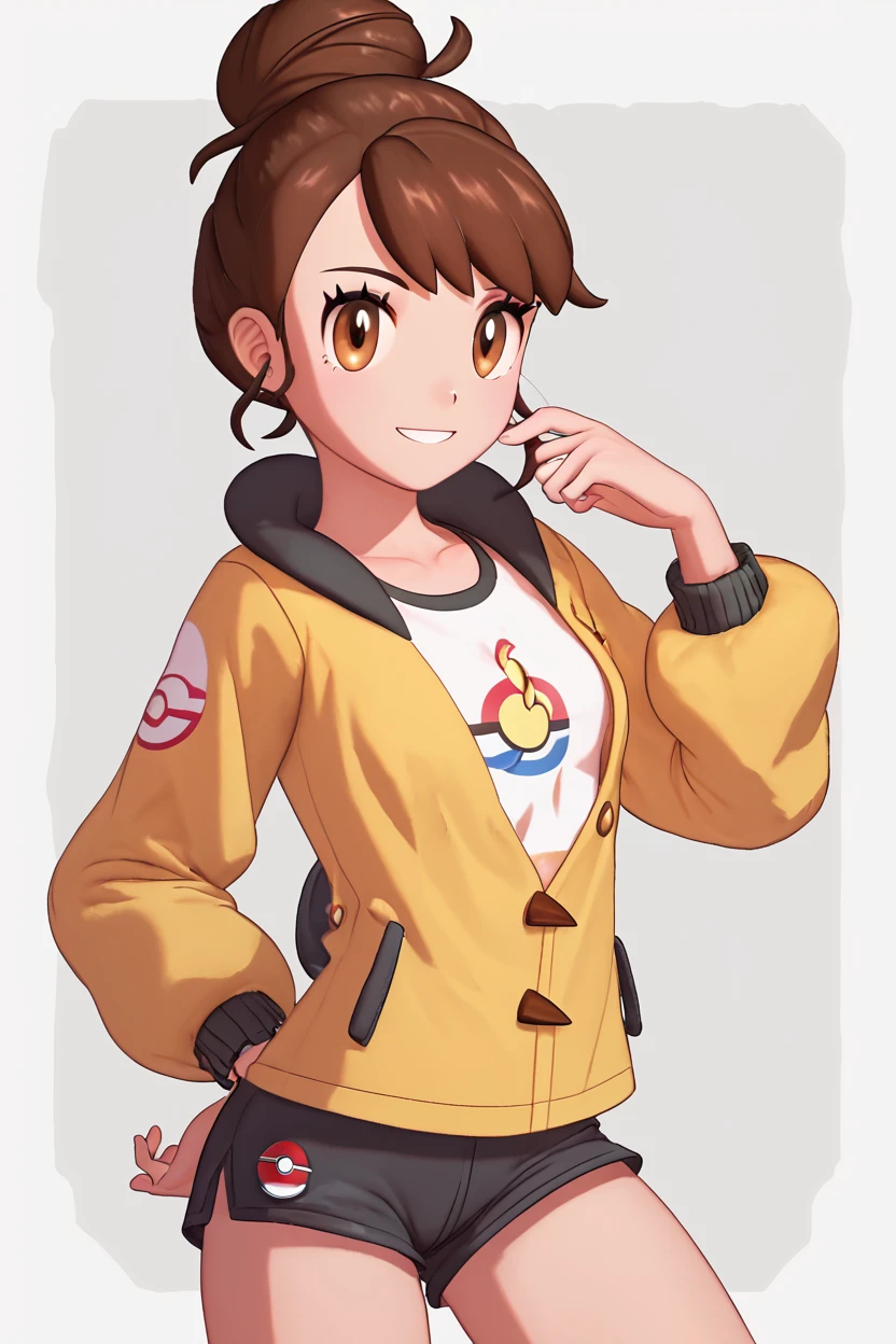 score_9, score_8_up, score_8, medium breasts, (curvy), cute, eyelashes, BREAK, , BREAK, gloria (pokemon), gloriaDojo, yellow jacket, black shirt, black shorts, knee pads, short hair, single hair bun, collarbone, cowboy shot, smile, looking at viewer, <lora:Gloria_Pokemon_P1:0.8>,, <lora:CustomUdon_PDXL:1.0>, , BREAK, smile, looking at viewer, cowboy shot, embedding:zPDXL, Expressiveh, <lora:SDXLFaeTastic2400:0.5>, <lora:Expressive_H-000001:0.4>,