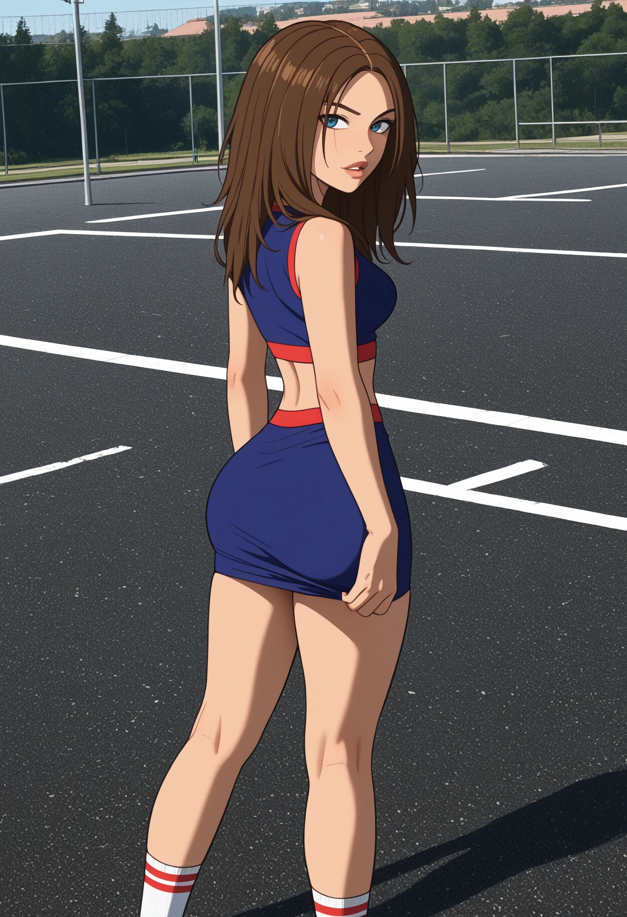 score_9, score_8_up, score_7_up, score_6_up, (flat colors, 2d, cartoon_style, animification), <lora:NM_kp_bonnie:1>, BREAK NM_kp_bonnie, 1girl, solo, blue eyes, long hair, brown hair, dark skin, dark-skinned female, lips, makeup, midriff, navel, cheerleader, crop top, skirt, socks, looking at viewer, sports ground background, looking back, from behind, ass, back view, ass focus, nm_fitbutt, <lora:nm_fitbutt:1>,