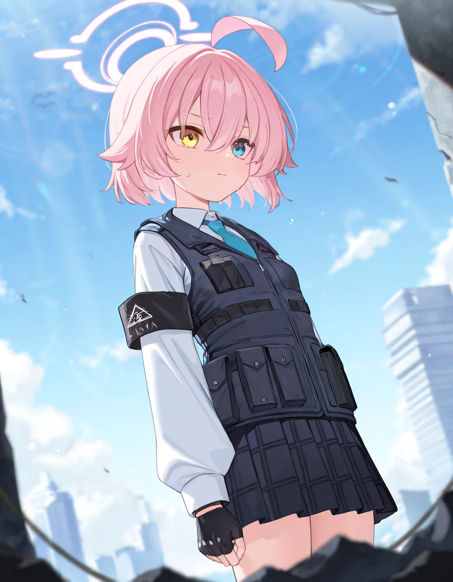 masterpiece, best quality, amazing quality, very aesthetic, high resolution, ultra-detailed, absurdres, newest, scenery, {Prompt}, BREAK, depth of field, masterpiece, best quality, amazing quality, very aesthetic, high resolution, ultra-detailed, absurdres, newest, scenery, volumetric lighting, takanashi_hoshino/(BA/),pink halo,1girl,pink_hair,short_hair,hair_between_eyes,halo,blue_eyes,yellow_eyes,heterochromia,armband,fingerless_gloves,long_sleeves,necktie,shirt,bulletproof_vest,skirt,small_breasts
