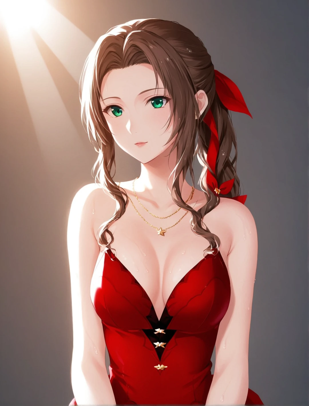 Bella hadid cosplaying as aerith wearing red sleeveless mini dress, 4k kodak, bloom, sunrays, hard light, wet skin, shiny skin, milky skin, Upper body shot <lora:Aerith-TestVersion:1>