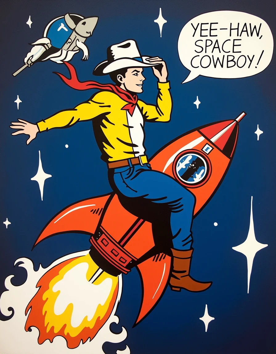 a dilchtnstn style pop art painting drawing, <lora:Roy-Lichtenstein_v20-000037:1>, A cowboy riding a rocket in space, holding onto his hat as the stars blur behind him, a speech bubble saying, "YEE-HAW, SPACE COWBOY!" close-up, slight above angle