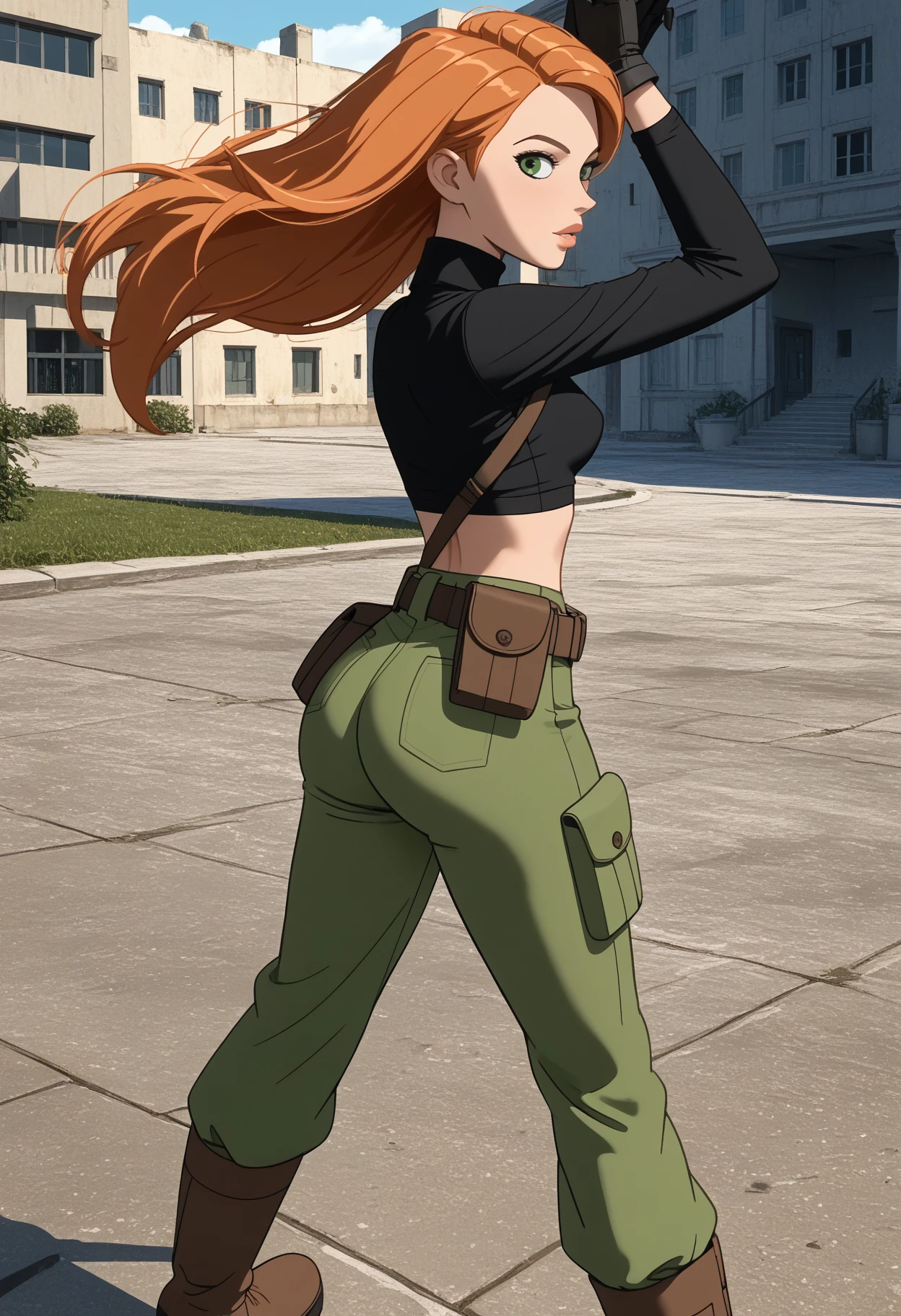 score_9, score_8_up, score_7_up, score_6_up, flat colors, <lora:NM_kp_kimberly:1>, BREAK NM_kp_kimberly, 1girl, solo, green eyes, long hair, orange hair, breasts, lips, midriff, navel, crop top, black shirt, sleeves, turtleneck, gloves, black gloves, pants, green pants, belt, belt pouch, boots, looking at viewer, looking back, from behind, ass, back view, ass focus, nm_fitbutt, <lora:nm_fitbutt:0.8>,