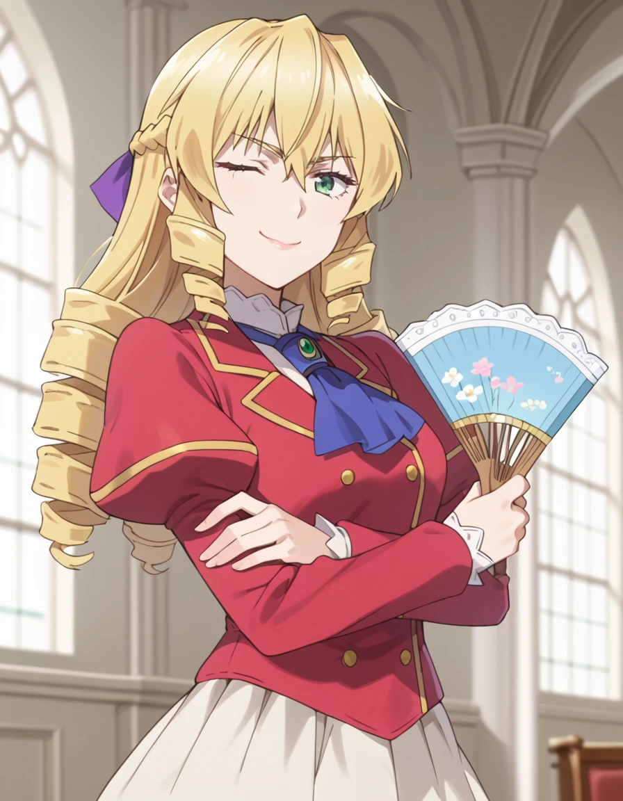 score_9, score_8_up, score_7_up, source_anime, depth of field, absurdes, BREAK
1girl, solo, looking at viewer, gradient background, cowboy shot, mansion, window,
grace auvergne (akuyaku reijou tensei ojisan), long hair, blonde hair, drill hair, braid, hair ribbon, hair between eyes, green eyes,
school uniform, white shirt, red jacket, blue ascot, jewelry, puffy sleeves, long sleeves, white skirt, arm on on waist, one eye closed, smirk, one eye closed, hand fan, crossed arms,
<lora:grace_auvergne-akuyaku_reijou_tensei_ojisan_s1_v2-anime-soralz:1>