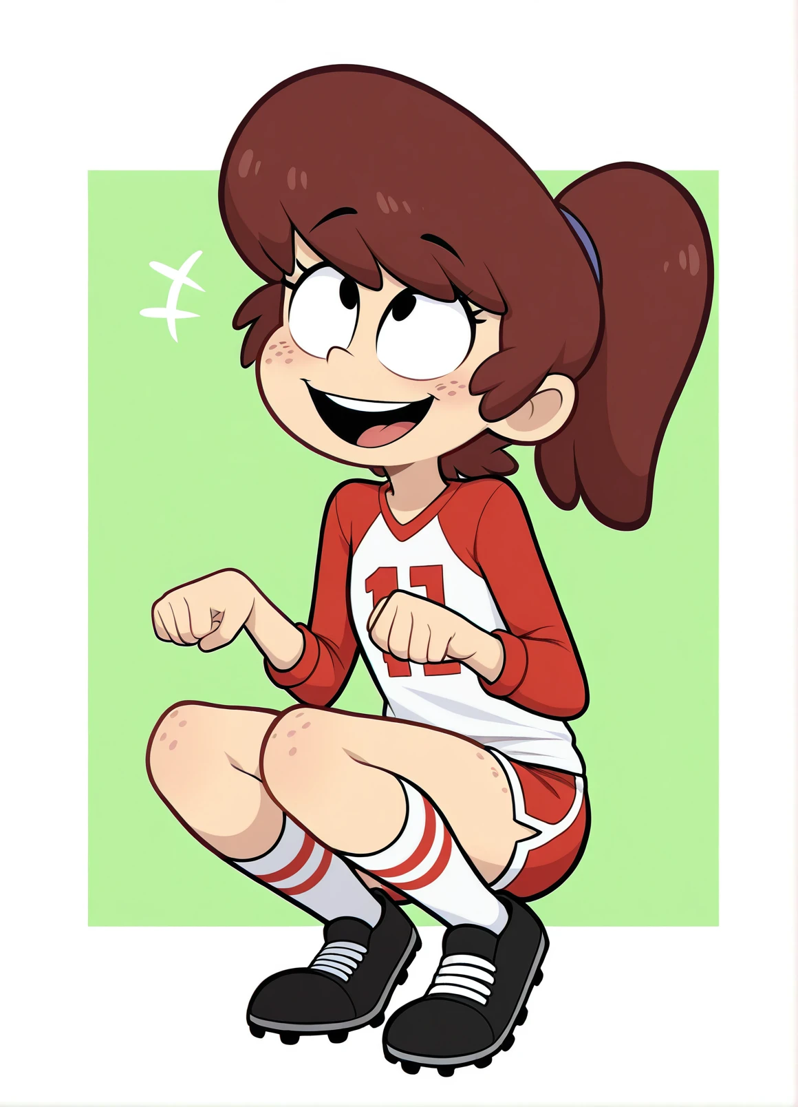 masterpiece, best quality,
lynn loud, 1girl, solo , brown hair,
ponytail, red shorts, tube socks, (body freckles:1.1), white shirt, raglan sleeves, long sleeves, sleeves rolled up, number print,
paw pose, open mouth, squatting, tongue, smile, black cleats, looking up, hands up, +++, football, (outside border:0.7)
[double horizontal stripes, dolphin shorts:4]
<lora:lynn_i24:0.9>