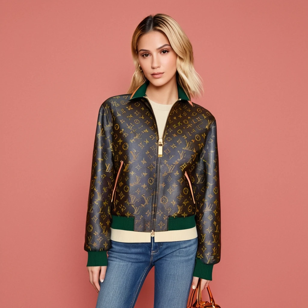 <lora:Maria_Bakalova:1> A striking zoomed-in portrait of a young woman with blonde hair styled neatly, wearing a bright green jacket patterned with the iconic Louis Vuitton monogram. The jacket features white and cream stripes on the sleeves and hem, adding a sporty, elegant touch. She pairs it with dark-wash jeans, creating a balanced and contemporary look, and carries a light brown leather shoulder bag adorned with a prominent gold-tone LV logo. The composition is a portrait-style shot, focused on her upper torso and face, capturing the details of her outfit and accessories. The backdrop transitions smoothly from light beige at the bottom to a vibrant coral-red hue at the top, adding a dramatic yet harmonious contrast to the scene.
The lighting is soft but professional, emphasizing the textures of the monogrammed jacket, the denim, and the smooth leather of the bag. Her skin tone, hair, and confident expression are rendered with photorealistic detail, drawing attention to her poised demeanor. The background is slightly blurred, ensuring the woman remains the centerpiece of the image.
The overall aesthetic exudes modern luxury and effortless style, blending impressionistic background elements with a focus on fashion-forward realism, realistic, photorealistic, high quality, 4k