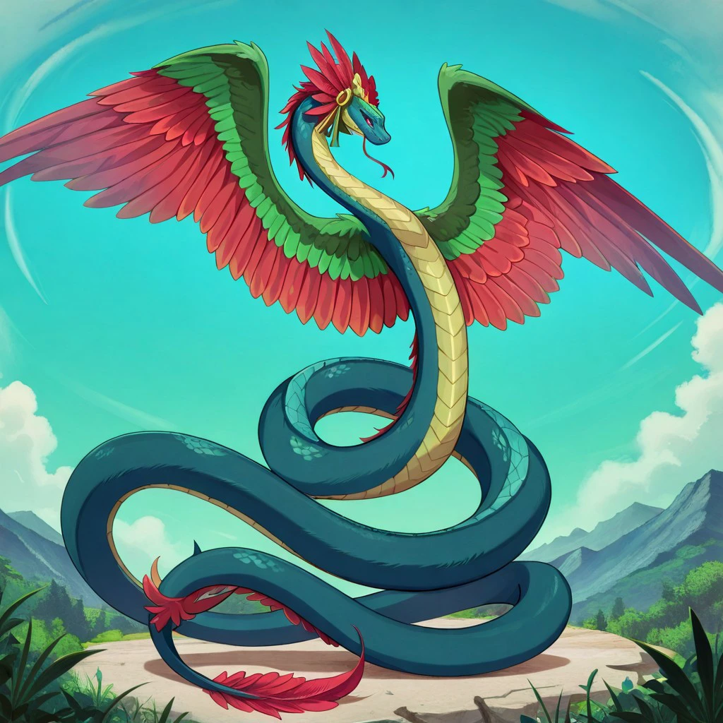 masterpiece, best quality, newest, absurdres, highres, anime, anime style, no humans, monster, Coatl-IL-V1.0, Coatl, snake, serpent, winged snake, winged serpent, wings, feathered wings, feathers, green snake, green scales, red feathers, red wings