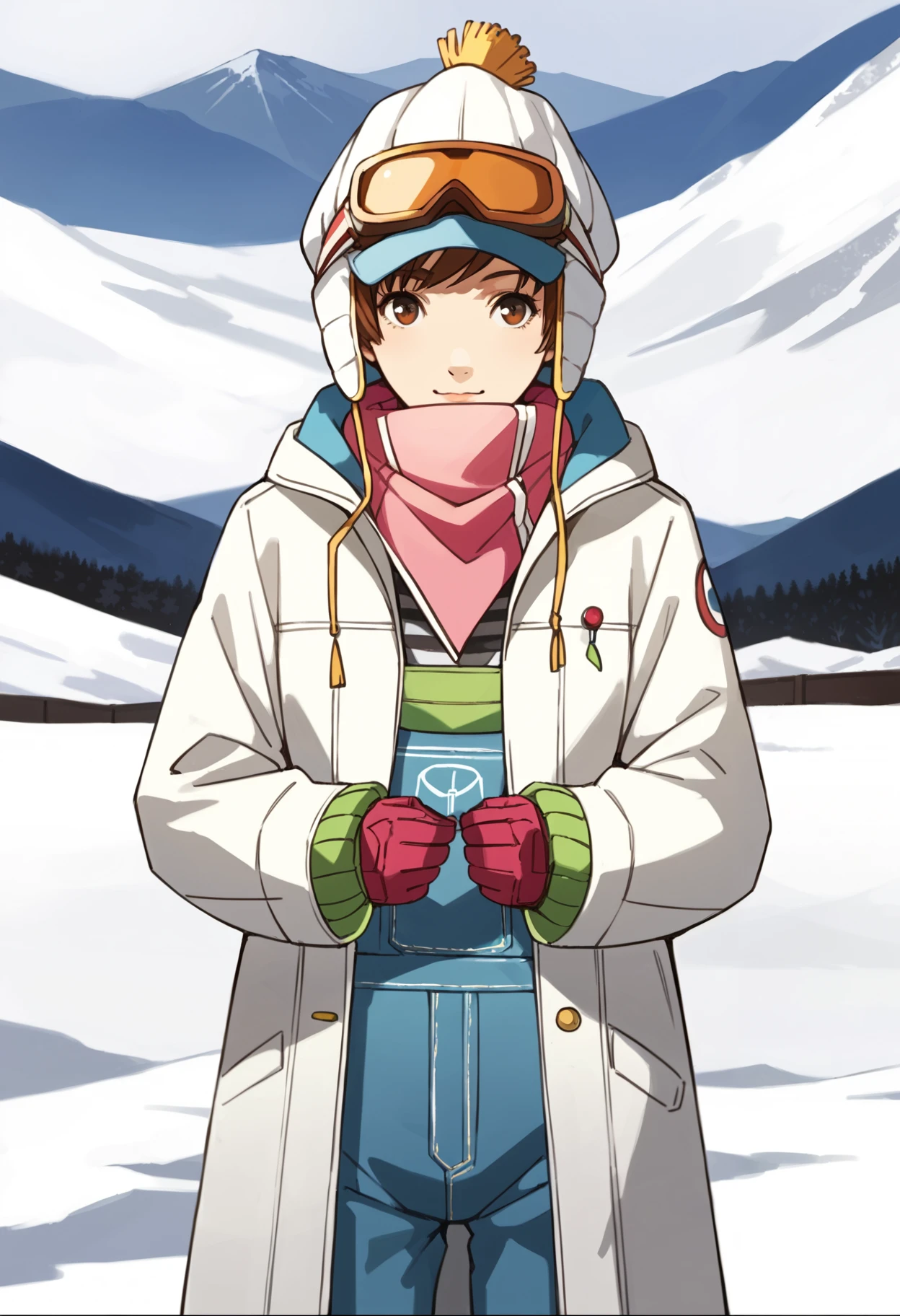 score_9, score_8_up, source_anime
1 girl, solo, cute face,
p4chie, satonaka chie, short hair, brown hair,
p4chie-ski, hat, goggles, goggles on head, scarf, pink scarf, coat, hood, gloves, pink gloves, overalls,
outside, snowy, mountain, ski lift, cowboy shot,
masterpiece, best quality, ultra detailed,