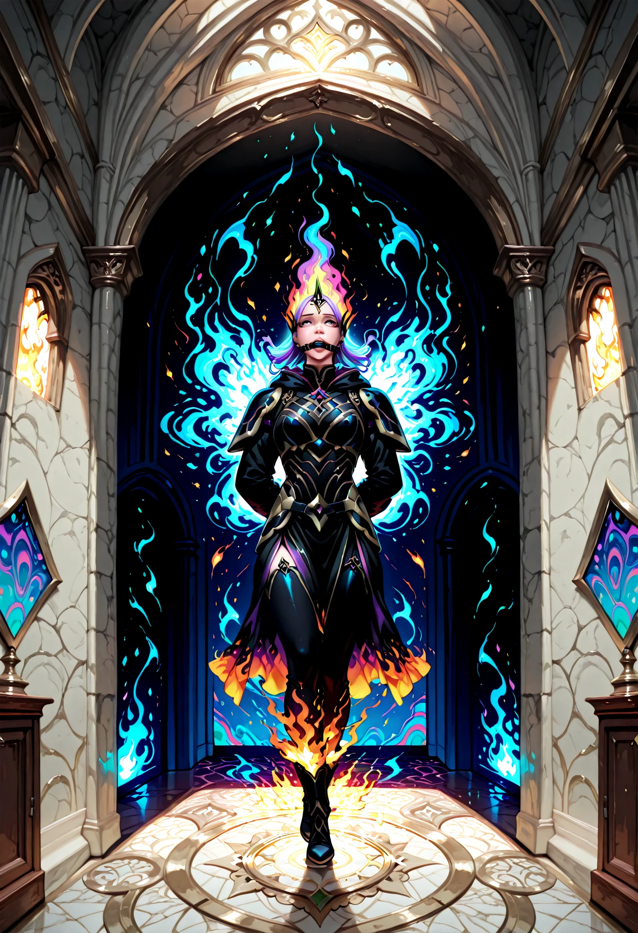 IllustriousQual <lora:Lucid_Tides:1> Lucid Tides, surreal, trippy, psychedelic, abstract, dreamlike, ethereal, vibrant colors, high contrast, vivid imagery, distorted perspective,detailed_background,indoors,fire emblem,gagged,hand on another&