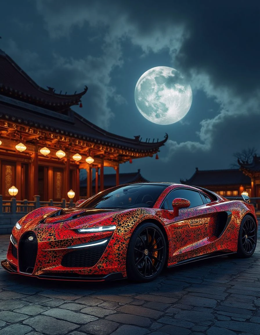 high resolution photograph of a super car with a red and gold snake skin pattern paint, parked in front of a chinese temple. the photo is taken under dramatic moonlight, in dutch angle. the moon is big in the sky with dramatic clouds. <lora:WorldMorph_SnakeSkin_Fantasy:0.5> made of sn4k3sk1n