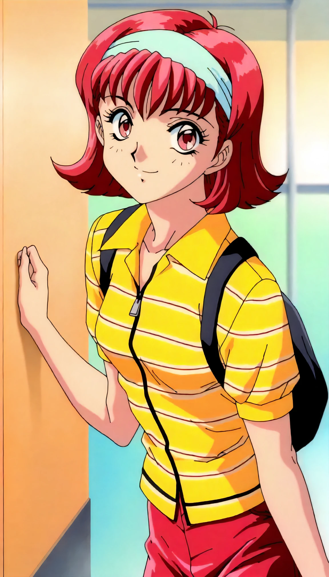 <lora:HRC_shindo_kazumiXLIllustrious001>,
masterpiece,best quality,good quality,newest,
glitter,
smile,
looking at viewer,
solo,
anime coloring,retro artstyle,1990s (style),
shindo_kazumi\(houkago_renai_club\),1girl,red hair,short hair,hairband,red eyes,
collared_shirt,front zipper shirt,yellow shirt,stripes shirt,short_sleeves,
red shorts,long shorts,
black backpack,
standing,