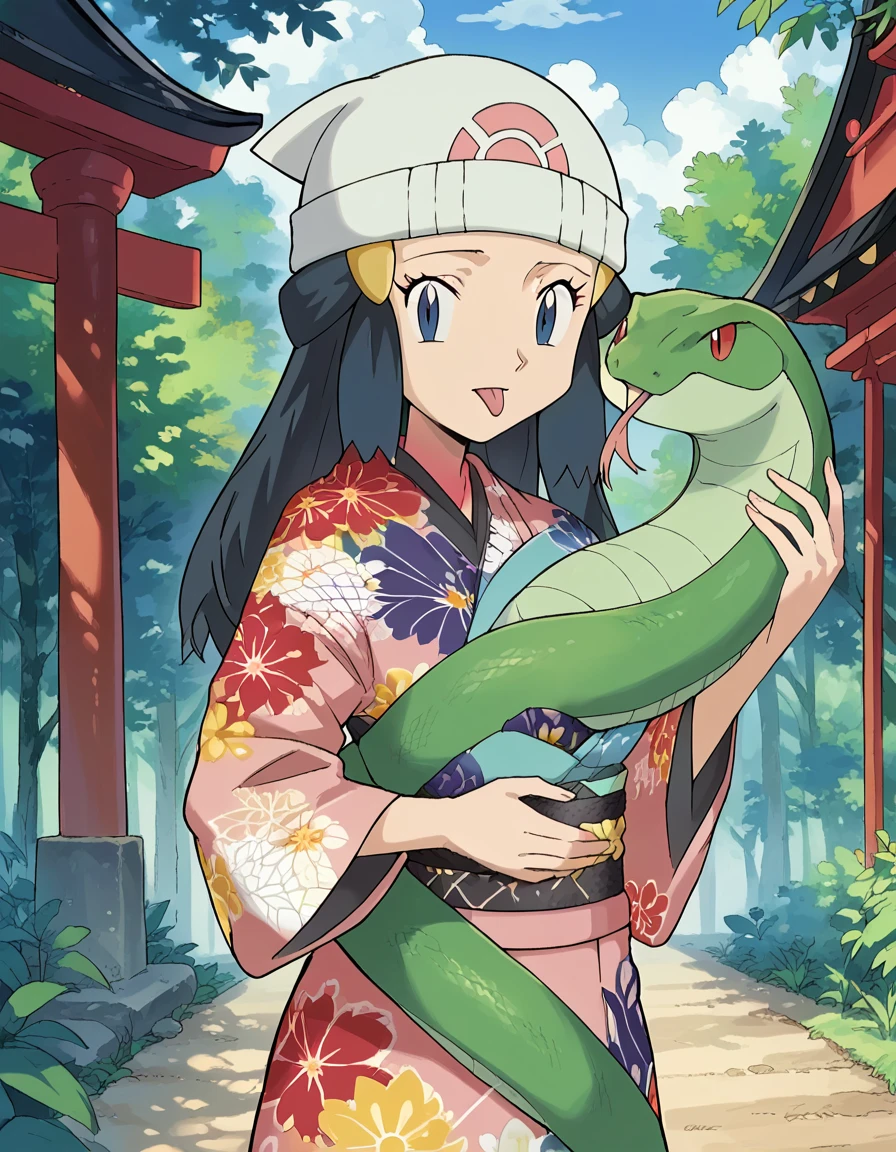 score_9, score_8_up, score_7_up, source_anime, <lora:pokemon-dawn-anime-ponyxl-lora-nochekaiser:1>, pokemon dawn, black hair, blue eyes, sidelocks, long hair, hat, beanie, white headwear, medium breasts, <lora:snake-wrapped-around-body-ponyxl-lora-nochekaiser:1> snake wrapped around body, animal, snake, holding, holding animal,, outdoors, shrine, long sleeves, japanese clothes, wide sleeves, kimono, sash, obi, floral print, print kimono, cowboy shot, looking at viewer, slit pupils, tongue, forked tongue,,