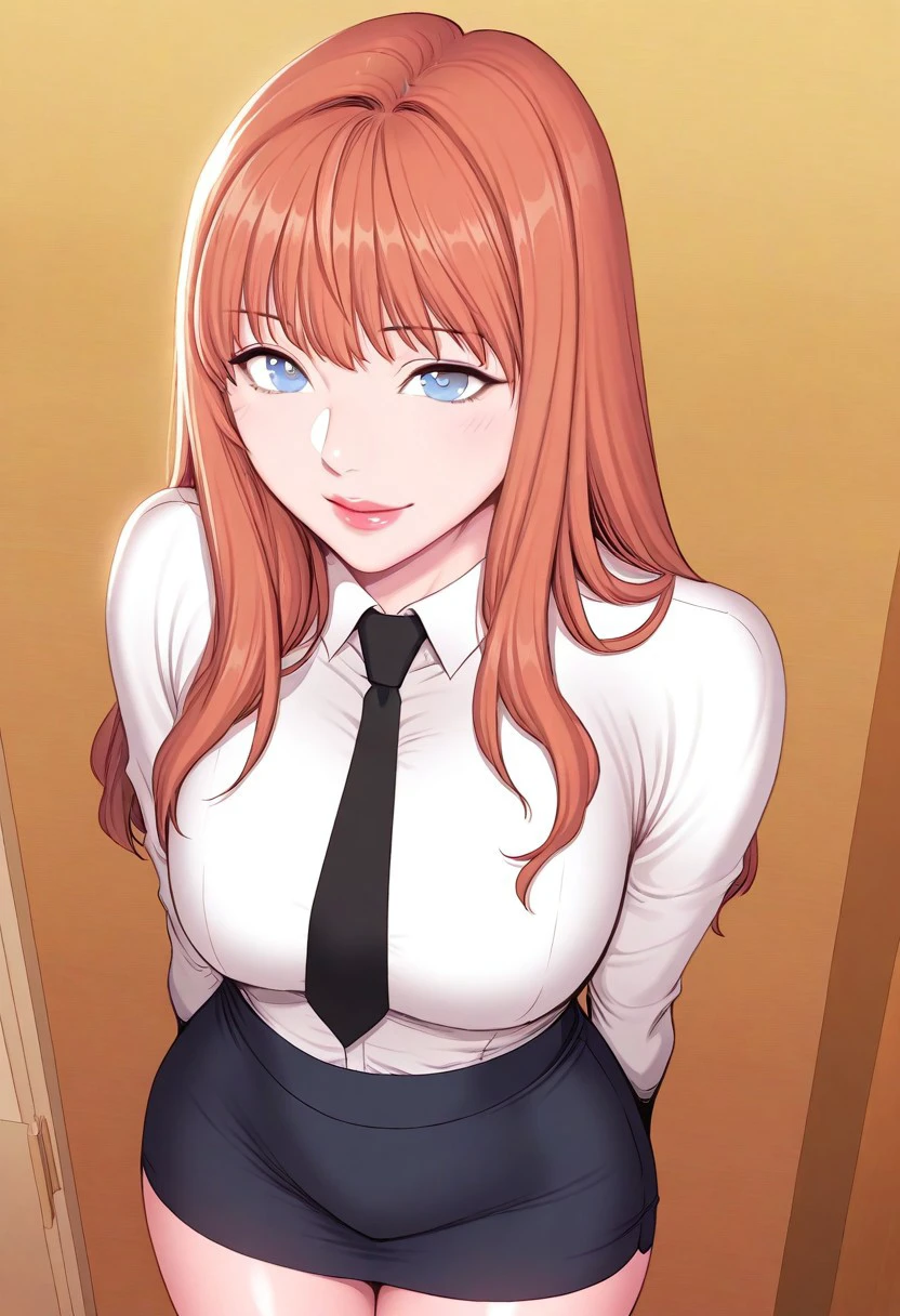 score_9, score_8_up, score_7_up, ASCII masterpiece, source_anime, BREAK, 1girl, solo, (( <lora:yeo-jeong:1> , yeo-jeong, thin waist, normal hips, beautiful skin, beautiful blue eyes, clear eyes, bright pupils, beautiful eyes, beautiful orange hair, beautiful long hair, bangs, medium breasts, natural beauty, extraordinary beautiful woman, attractive woman, super sexy woman, lustful body, sexy woman with seductive obscene body, sensual body, voluptuous body, sexy beauty, no piercings, no piercing, )) , makeup, ((formal, long-sleeves white shirt, black tie, navy blue pencil skirt, )) , indoors, shiny clothes, shiny skin, night club, erotic bar, classy decorations, cowboy shot, from above, looking at viewer, hands behind back, (detailed face, detailed eyes), delicate features, soft lighting, seducative smile, cute and sexy, very detailed, high detailed texture, uncensored, rare view,
