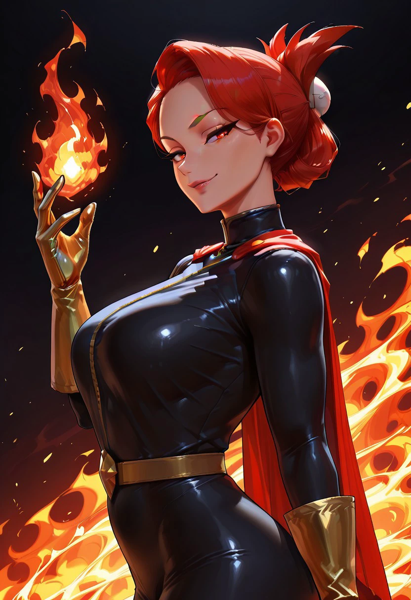 A dark elf warrior, tight body armor, large breasts, wide hips, discreet smile, Wavy red hair, a collar around her neck, (high quality, 4k resolution, focus on details)