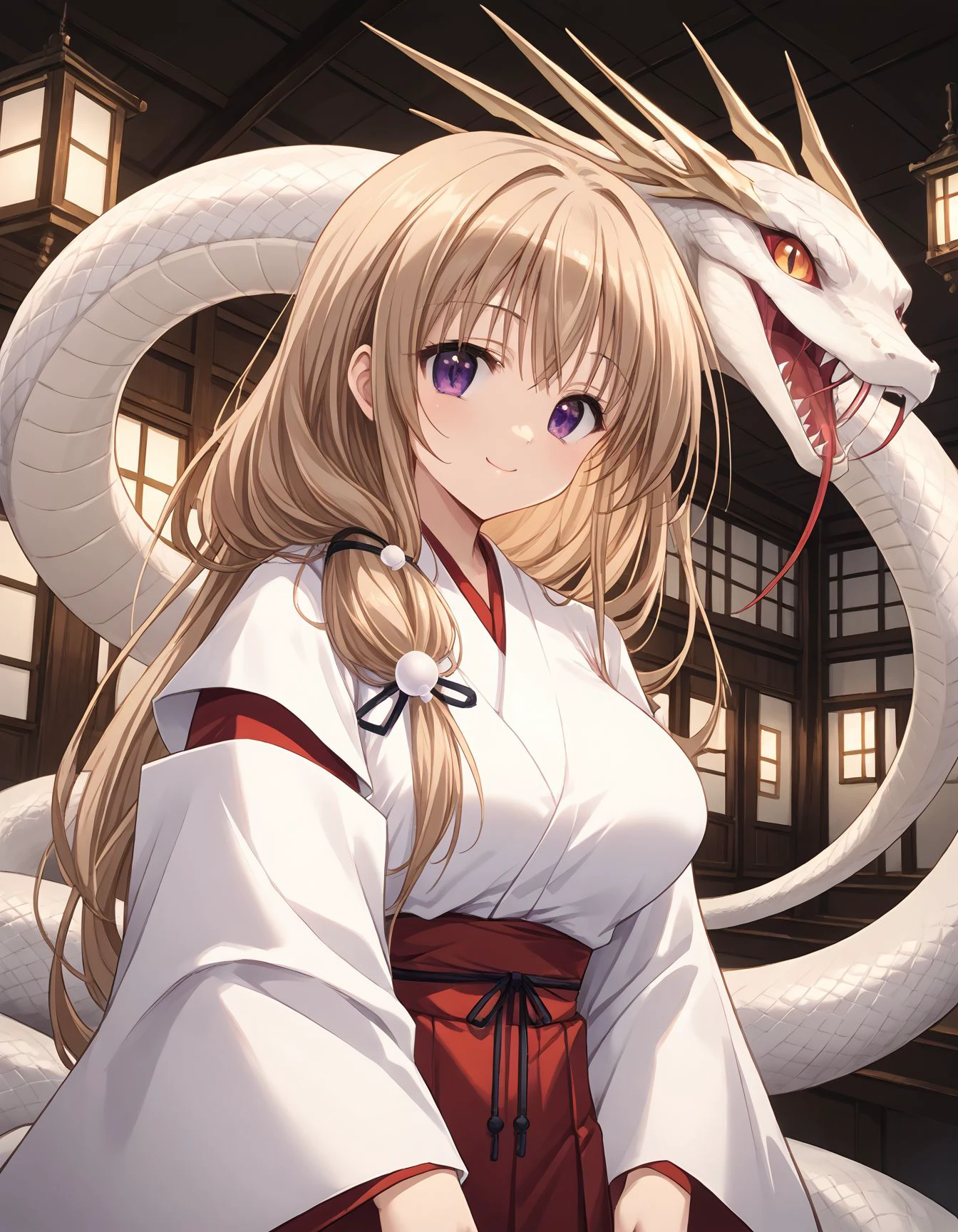 score_9, score_8_up, score_7_up, source_anime, <lora:add-detail-xl:1>, good , completely ,
BREAK 1girl, standing, smile, <lora:snake_charmer:0.4> snake charmer, in Shrines, precincts,
BREAK <lora:aya-shirotae Sarasara Sasara (Atelier Kaguya):0.6> aya, light brown hair, long hair, purple eyes, , hair over shoulder, side braid, braided ponytail, hair wrapped in black string, hair ornaments, beads ornaments,
BREAK miko, detached sleeves, wide sleeves, red hakama,