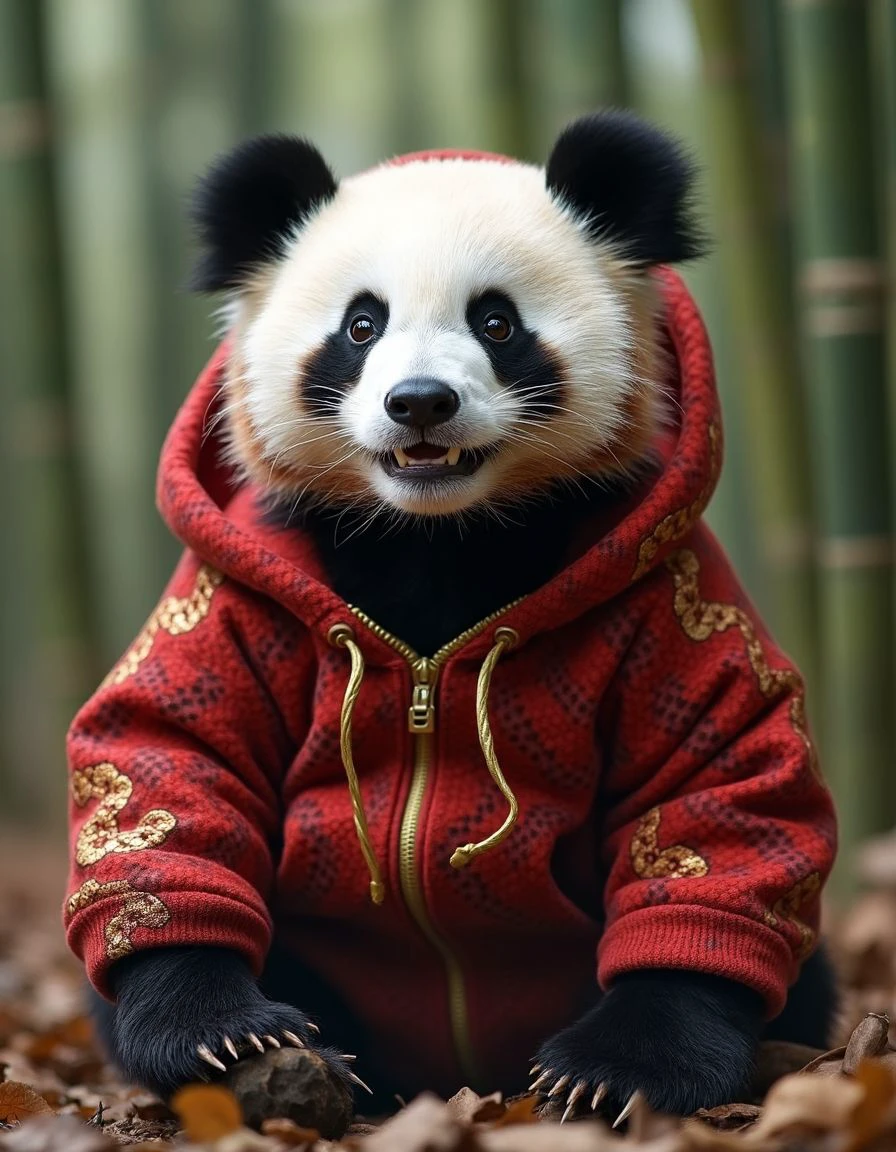 high resolution photograph of a cute panda wearing a red snake skin pattern hoodie with golden details. he is sitting in the middle of a bamboo forest. the image is high quality and well lit. <lora:WorldMorph_SnakeSkin_Fantasy:0.3>