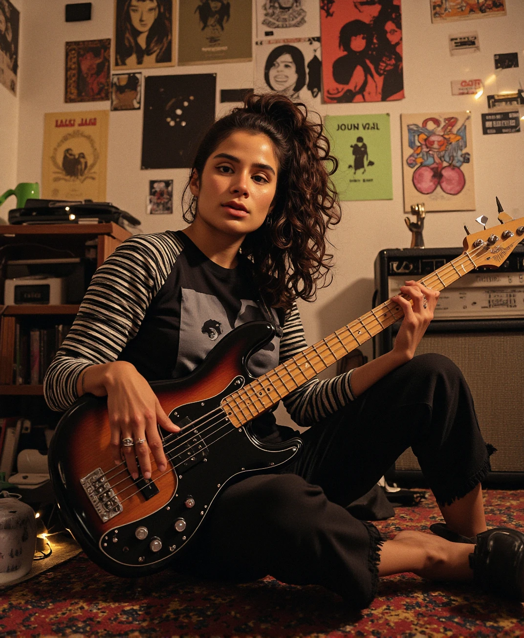 An analog photo of (sks woman:1), DIY Bedroom Studio, Sitting cross-legged on a threadbare rug, she tunes her bass guitar, her curly dark hair falling in loose spirals around her face. Sheâs dressed in a slashed graphic tee over a striped long-sleeve shirt, with black cargo pants that are frayed at the hem. Her room is a chaos of cassette tapes, zines, and band posters plastered across every surface. A string of dim fairy lights casts a soft glow, reflecting off her silver nose ring as she focuses intently on getting the perfect sound from her beat-up amp.