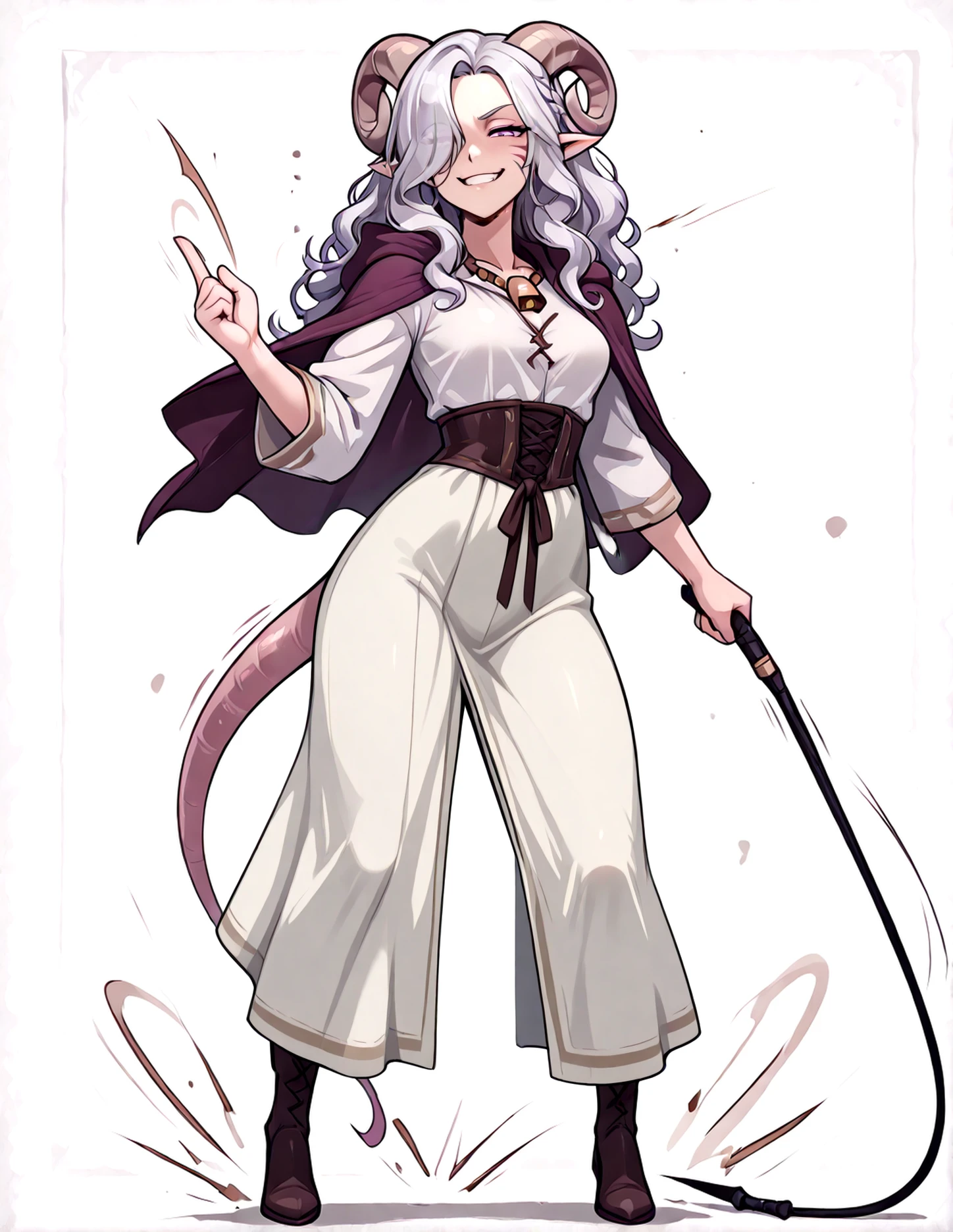<lora:whip_Stances_ILXL:1.5> whip, pull_whip, holding_whip, whpiping:1.3, loosing whip:1.5, brown robe, cloak, fighting stance, naughty face,, masterpiece, tiefling, tail, source_anime, cowboy shot, pointy ears, tiefling, silver hair, ivory sheep horn,
<lora:whisker_markings:0.8>red whisker_markings:1.7, silver long wavy hair, bell necklace, short pointy ears, purple eyes, <lora:age_slider_v4:1> purple pupils,rat tail, shirt, purple eyes, tiefling_bard_diana:1.2, <lora:Erin Danua prefectPonyxl:0.3> white hair, parted bangs, hair over one eye, braid, <lora:Tiefling_bard_Diana_ILXL:1> full body, cloak, big tail,