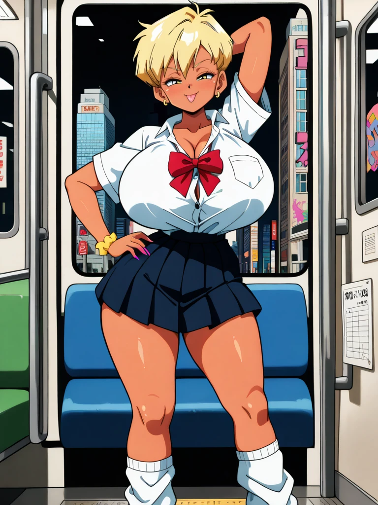 highres, hi res, best quality, masterpiece, intricate details, absurdres,, YamamotoXLP, simple white background, retro artstyle, comic,
1girl, dark skin, yellow eyes, curvy, huge breasts, wide hips, tomboy, gyaru, front, cute pose, evil smile, looking at viewer, dynamic pose, cowboy shot, white socks, school uniform, lay on subway, graffiti, urban city, sexually suggestive, sexy, one closed eyes, tongue out,,
<lora:YamamotoXL_Style-12-IL:1>