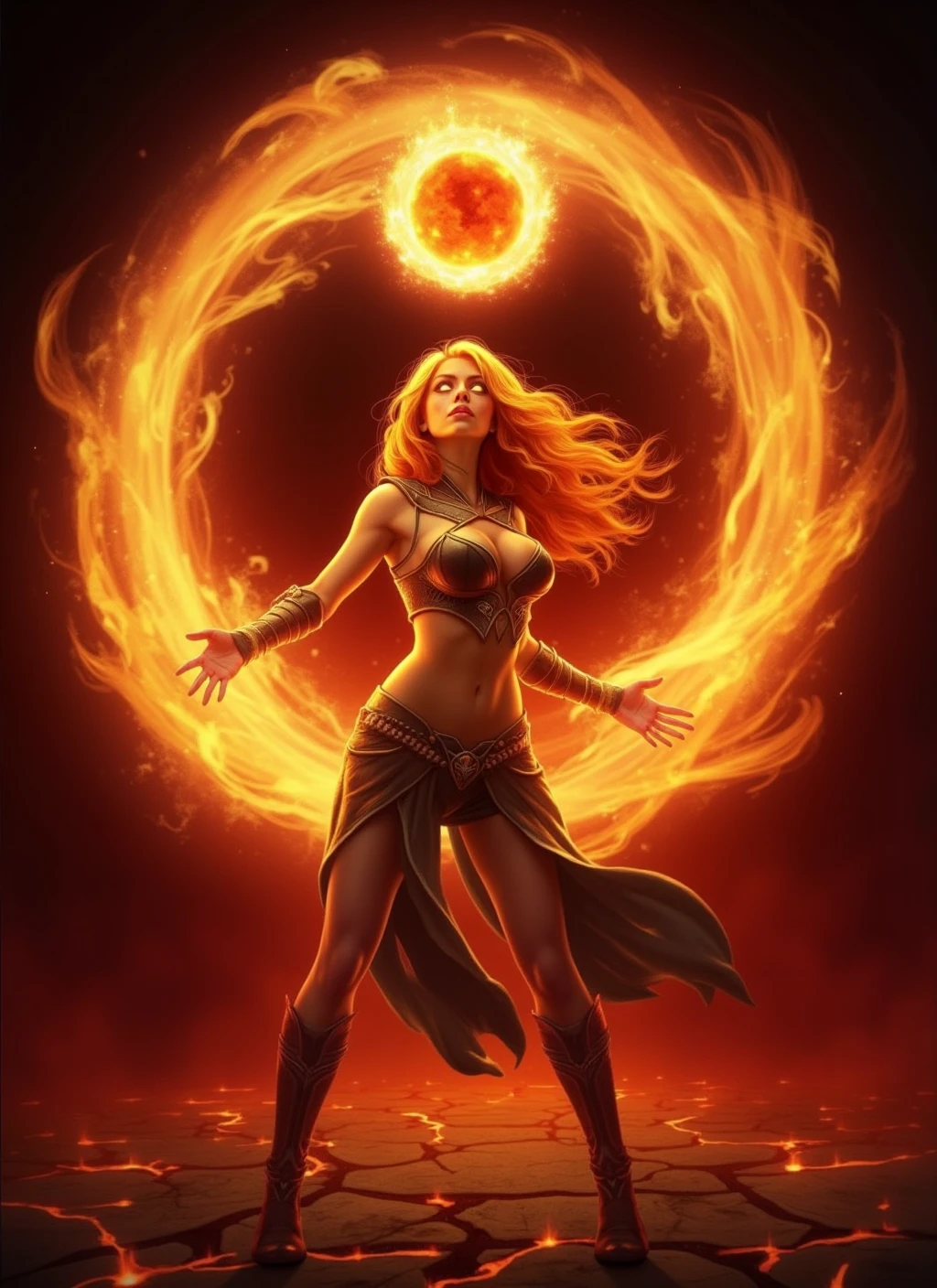 Sexy female with large big breast with red orange gold hair and sexy outfit with swirls of sun flames andportal emitting powerful power of sun flames lights and energies