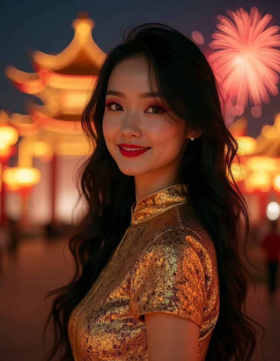 high resolution closeup photograph of a stunning young woman, wearing a golden snake skin pattern cheongsam.she has long black hair, cascading down framing her face. she wears dramatic makeup with red eyeshadow and cherry lip gloss. she is standing in front of a beautiful Chinese temple at night, with a warm radiant smile on her face. the the dark sky, there are red and yellow fireworks, symbolizing the Chinese new year. <lora:WorldMorph_SnakeSkin_Fantasy:0>