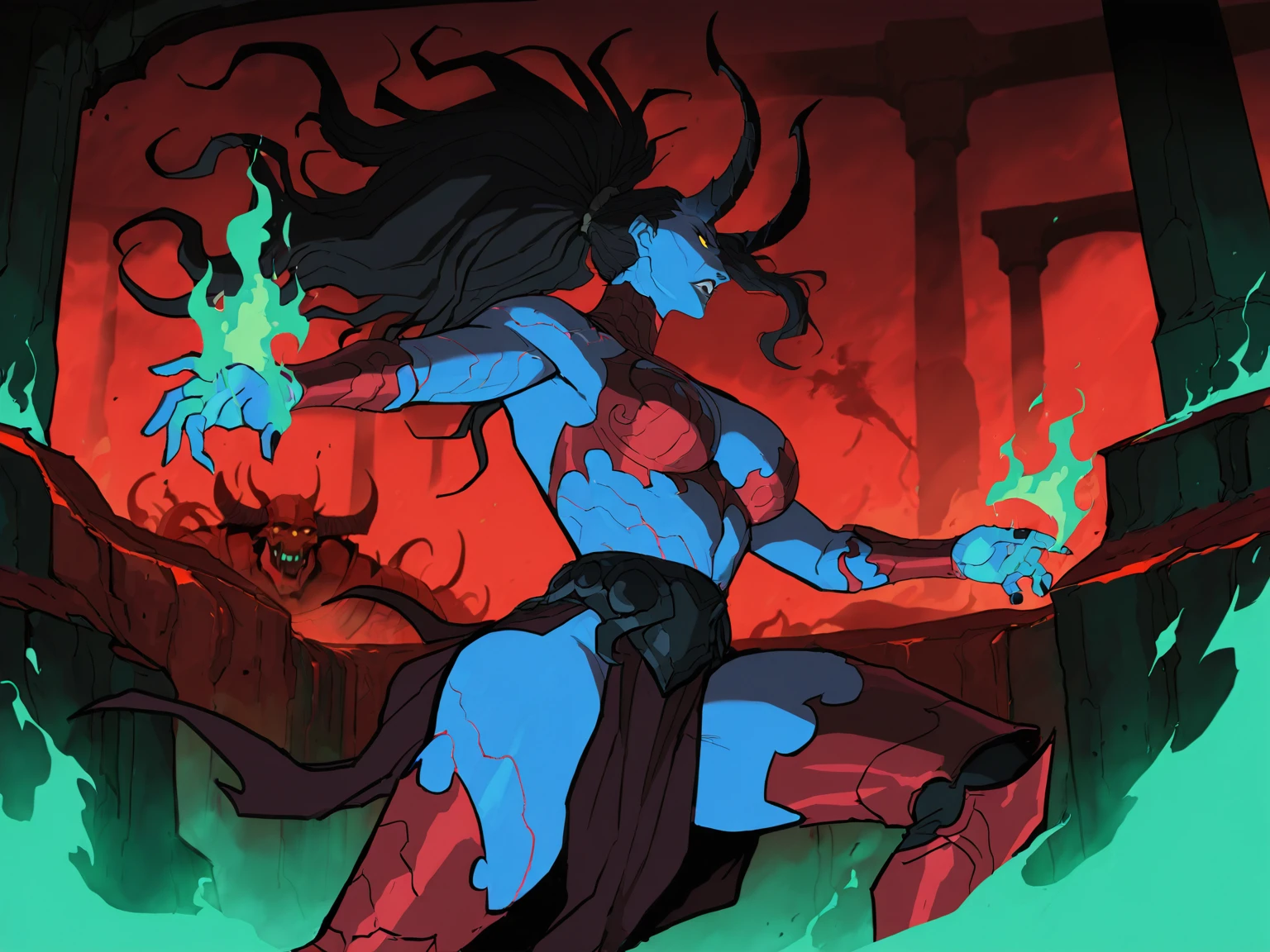 <lora:AshTALYN_SOD3:0.35>,
mature female, demon, [yellow eyes], black hair, long hair, [blue skin], ponytail, medium breasts, horns, long black nails, red armor, revealing armor, battle stance, solo, battle, green fire background, hell location, cowboy shot,
, 5 fingers, <lora:AshTALYN_SODIL:0.6>, masterpiece, best quality, absurdres