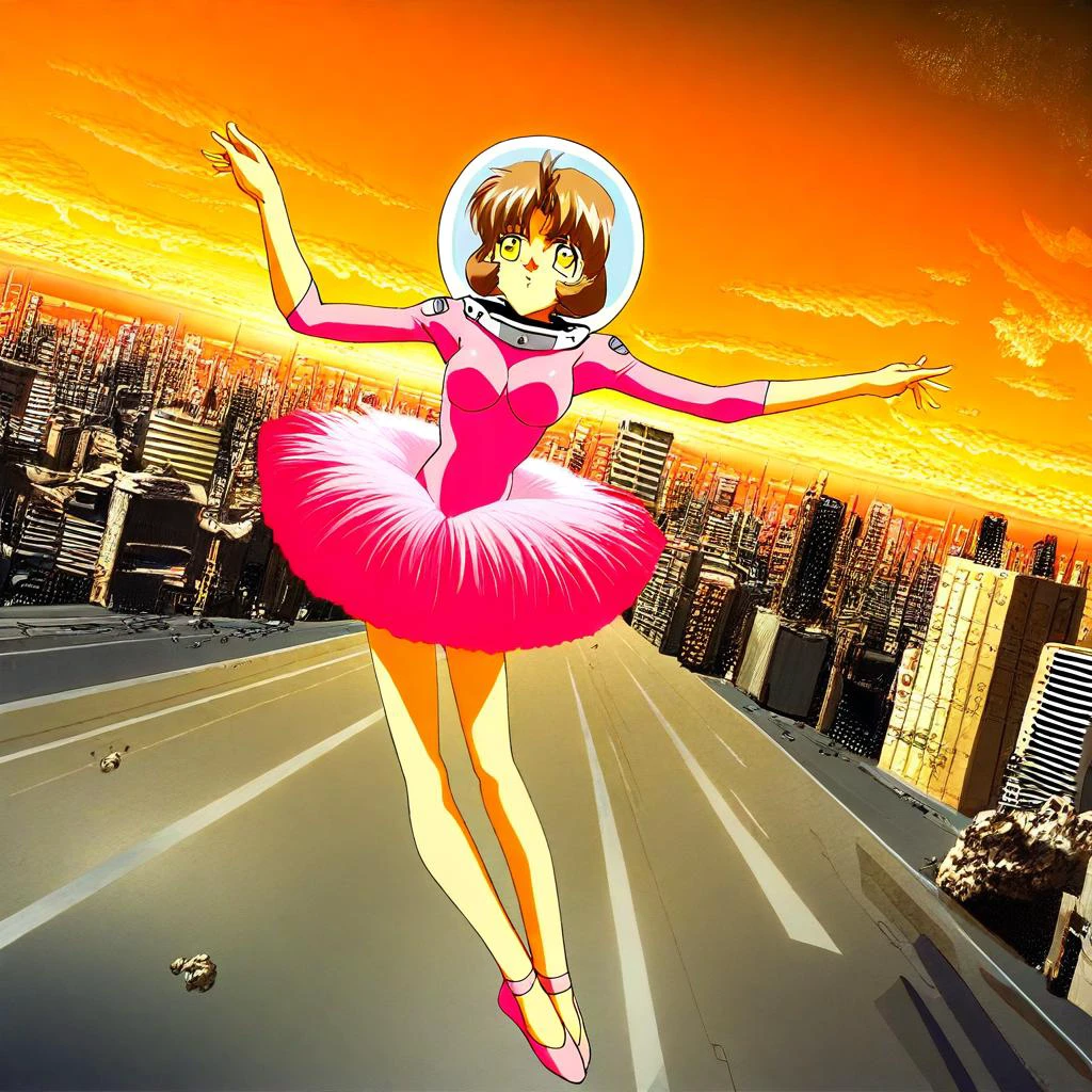 1990s \(style\), wide angle, score_9, score_8_up, score_7_up, source_anime, official art, anime screenshot, solo anime coloring, illustration, short hair, light-brown hair, yellow eyes, (wearing ballet dress, wearing pink tutu, (head-sized space helmet), helmet overlapping head, BREAK detailed background, space station, sunset, good hand, high-res, masterpiece, best quality, head:1.3,night, dynamic angle, medium breasts, outside, orange sky, yellow clouds, road, futuristic city, full body, graceful, dancing.