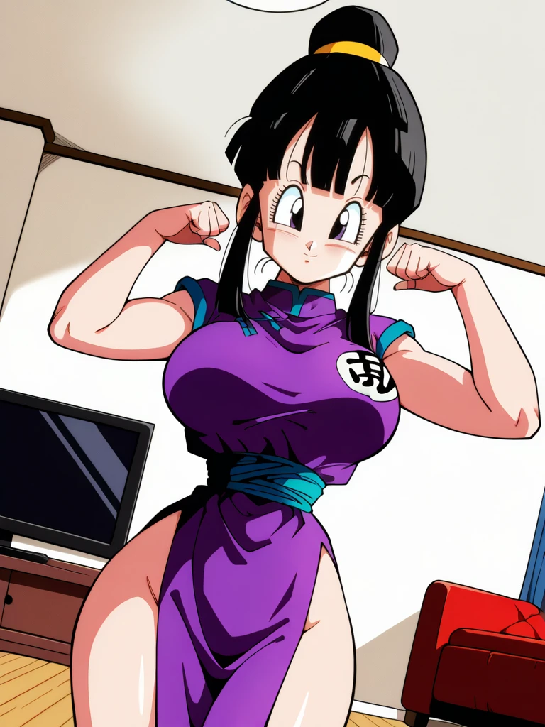 highres, hi res, best quality, masterpiece, intricate details, absurdres,, YamamotoXLP, simple white background, retro artstyle, comic,
1girl, large breasts, narrow waist, wide hips, (chi-chi \(dragon ball\):1.1).
dynamic pose, cowboy shot, looking at away, sexy pose, indoors, living room, looking at viewer, hands up, light smile, dutch angle, from side,,
 <lora:YamamotoXL_Style-12-IL:1>
