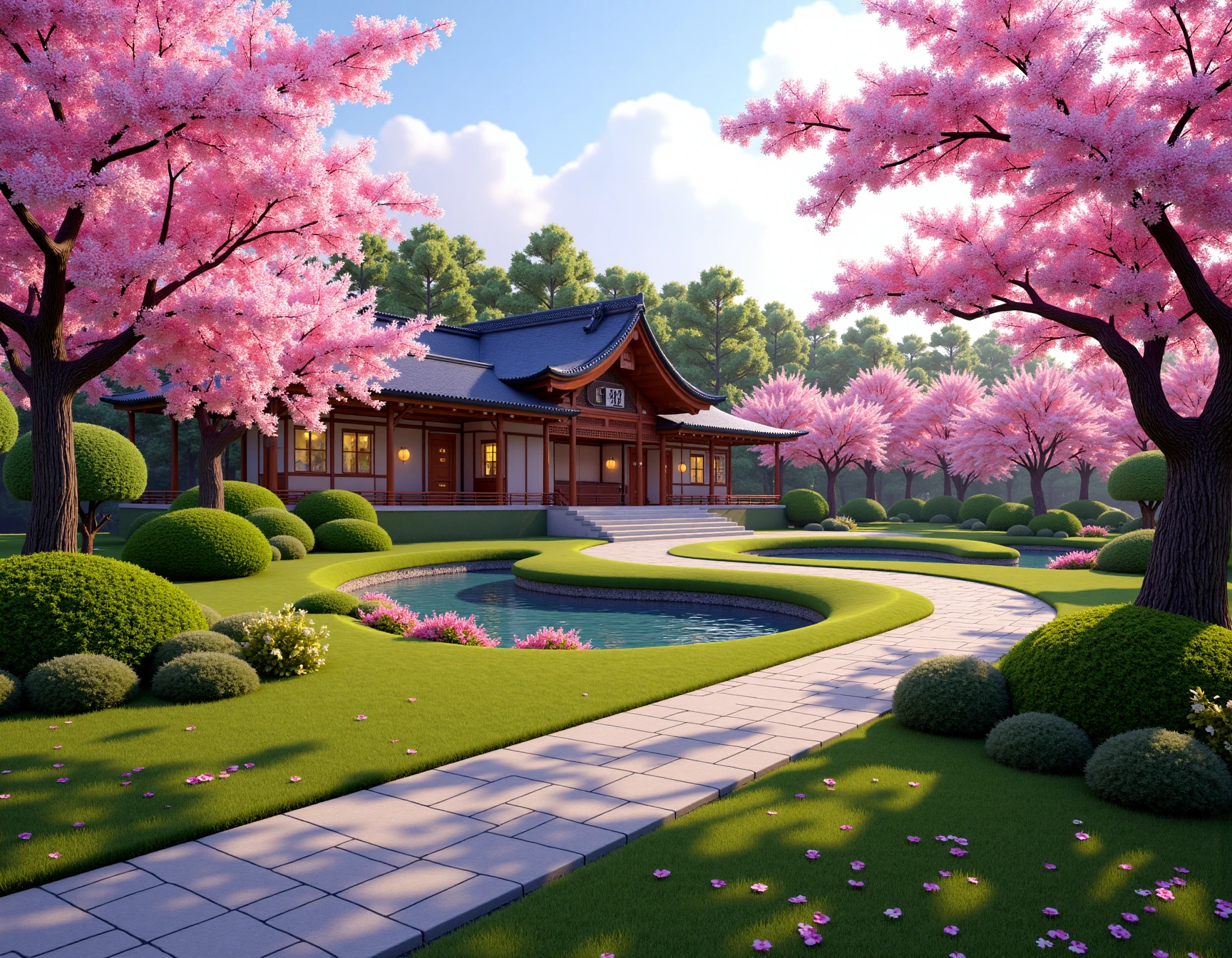 <lora:JJsJapaneseGraden_Flux:1> , ( japanese garden),masterpiece, best quality,Landscape, scenery, outdoors, building, tree, sky, real world location, grass, bush, flower, city, water, lawn, sidewalk,sakura, dawn, day, Water pool, temple,door,fish,falling petals,