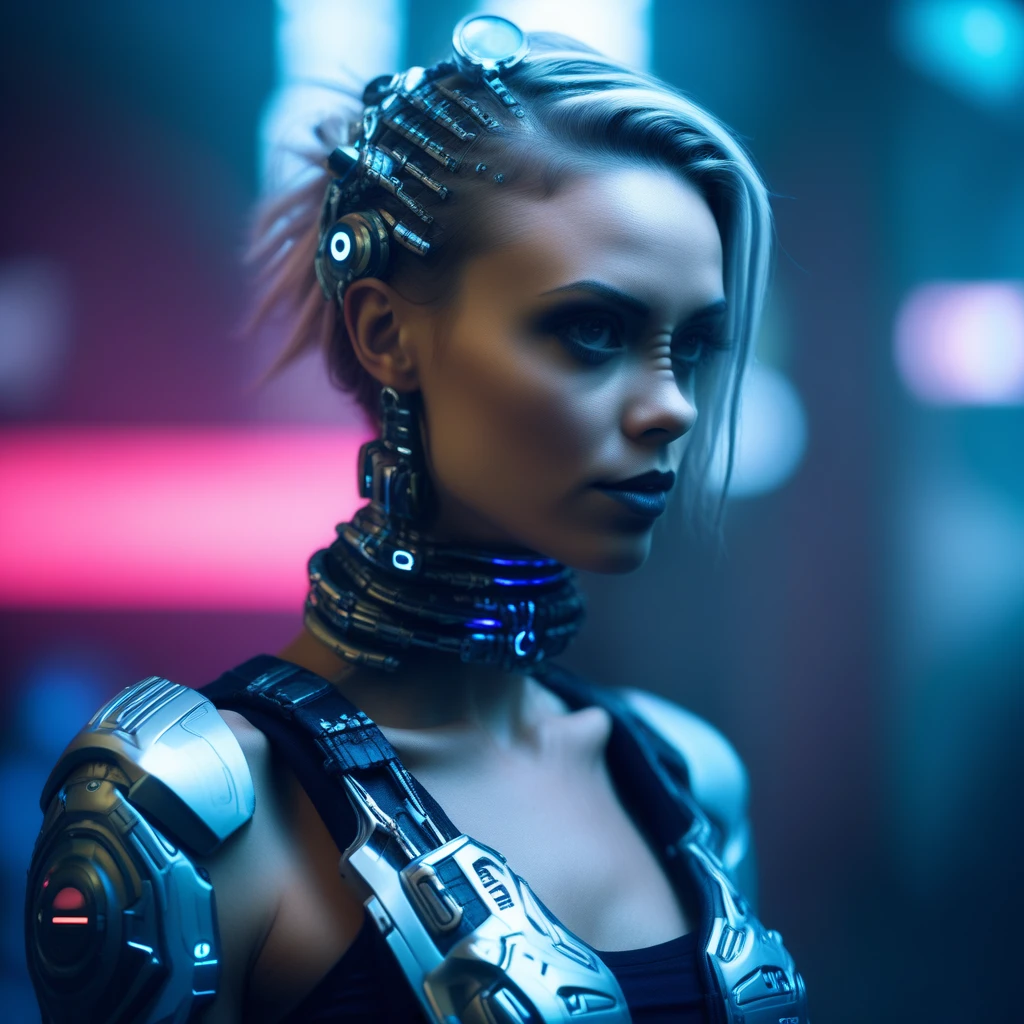 ```
Full-body portrait of a female cyborg, entire figure visible.
16:9 aspect ratio, landscape orientation.
Subject centered, occupying majority of frame height.
Head to toe visibility, no cropping of any body parts.
Frontal view, directly facing the camera.
Russian features: high cheekbones, clear blue holographic eyes.
Short platinum blonde hair with visible tech implants.
Face, torso, arms, and legs all clearly depicted.
Seamless blend of human and robotic elements throughout body.
Metallic components and exposed circuitry on skin.
Transparent panels revealing internal bio-mechanical systems.
Arms and hands fully visible, showing cybernetic enhancements.
Legs and feet prominently displayed, exhibiting robotic design.
Subtle blue energy lines tracing entire body.
Minimal, form-fitting attire to showcase cyborg elements.
Standing pose, arms slightly away from body.
Feet shoulder-width apart, firmly planted.
Faint holographic aura surrounding entire figure.
Futuristic background not obscuring any part of the cyborg.
Even, cool-toned lighting highlighting all body details.
Emphasis on full-body representation from head to toe.
```​​​​​​​​​​​​​​​​