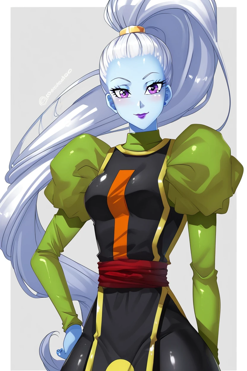 score_9, score_8_up, score_8, medium breasts, (curvy), cute, eyelashes, BREAK, , zzVados, long hair, ponytail, white hair, blue skin, hair pulled back, high ponytail, very long hair, purple eyes, long sleeves, puffy sleeves, sash, purple lips, dress, makeup, lipstick, <lora:Vados_DB_PDXL:0.8>, , BREAK, smile, closed mouth, looking at viewer, cowboy shot, ,,, embedding:zPDXL, Expressiveh, ,,, <lora:Puppypaww_Style_PDXL_v2:0.8>, <lora:SDXLFaeTastic2400:0.5>, <lora:Expressive_H-000001:0.4>,
