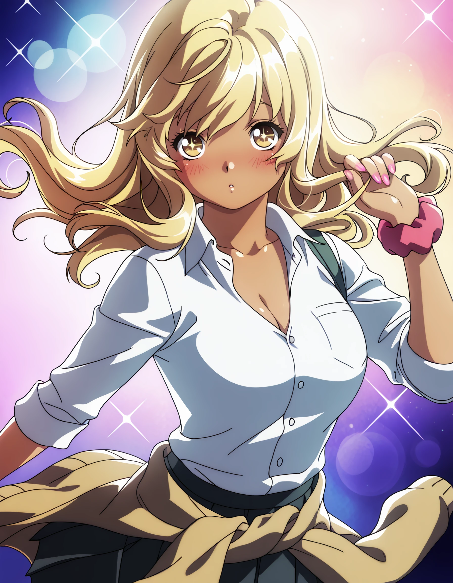<lora:kana_higa_IL:1> rating:safe, kana_higa, long_hair, blonde_hair, yellow_eyes, brown_eyes, dark-skinned_female, school_uniform, collared_shirt, breasts, cleavage, white_shirt, sleeves_rolled_up, wrist_scrunchie, pleated_skirt, clothes_around_waist, lens_flare, floating_hair, floating_clothes, (sakimichan:1.0), (2000s_\(style\)), 1girl, blush, looking_at_viewer, pastel_colors, pink_nails, solo, sparkle_background, symbol-shaped_pupils, yume_kawaii, masterpiece, detailed, best_quality